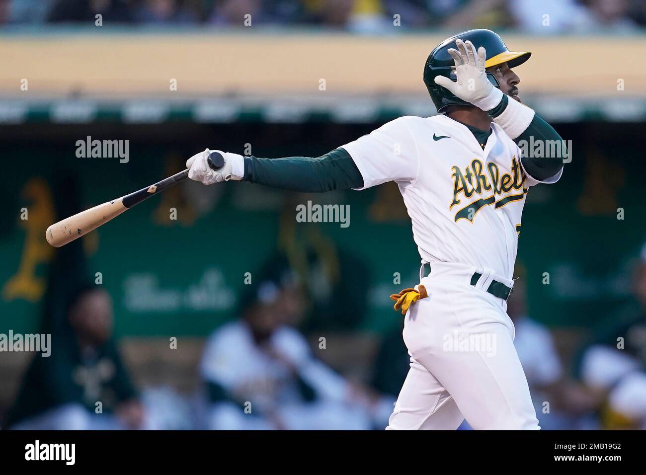 Oakland Athletics' Tony Kemp (5) watches shortstop Elvis Andrus turn the  double play, forcing Chicago White Sox's Brian Goodwin out at second and  getting Andrew Vaughn at first, during the seventh inning