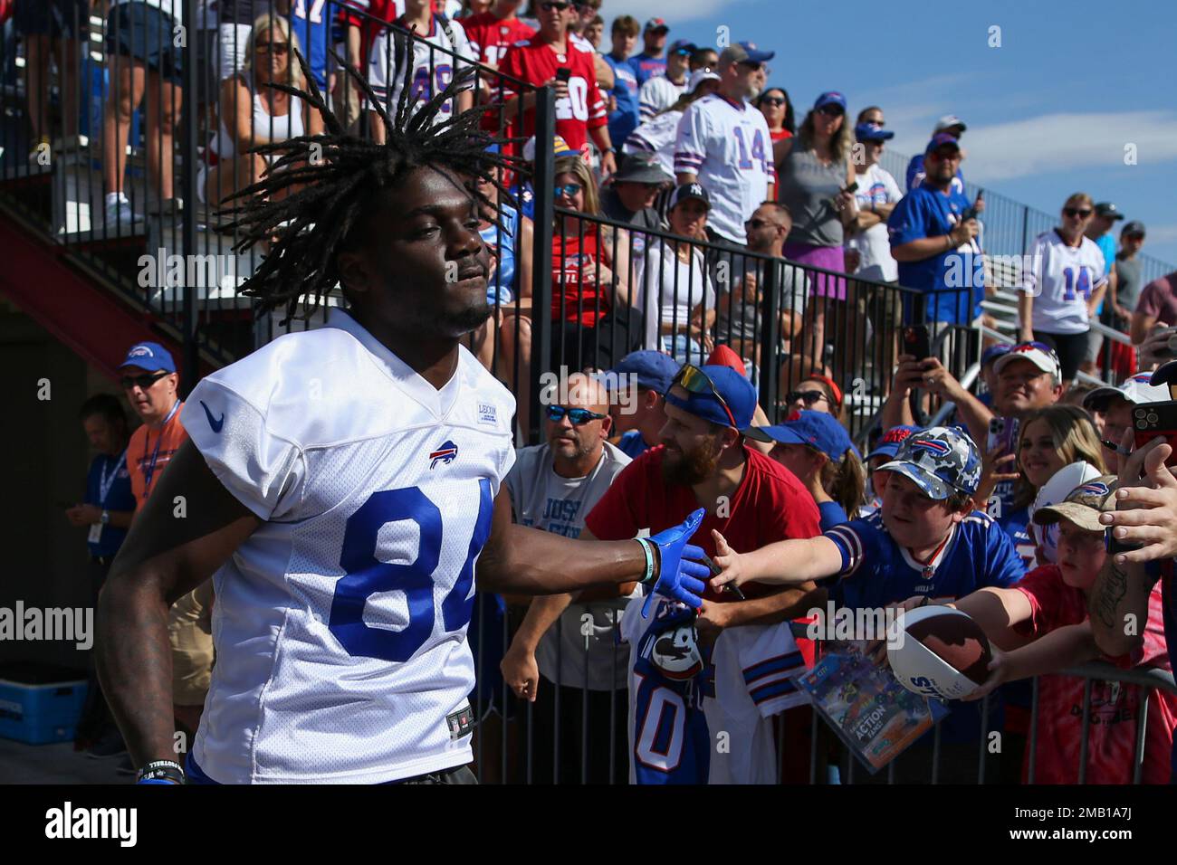 Buffalo Bills tight end Jalen Wydermyer (84) is blocked by Indianapolis  Colts tight end Nikola Kalinic (48) and Indianapolis wide receiver Samson  Nacua (86) during the second half of a preseason NFL football game in  Orchard Park, N.Y., Saturday, Aug. 1