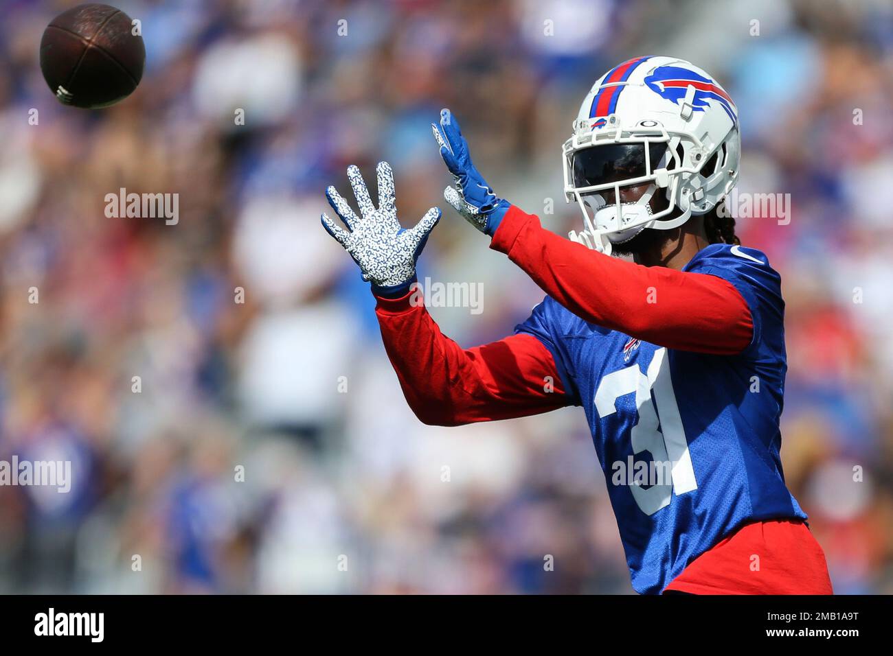 Buffalo Bills safety Damar Hamlin (31) makes a catch during practice at the  NFL football team's training camp in Pittsford, N.Y., Monday July 25, 2022.  (AP Photo/Joshua Bessex Stock Photo - Alamy