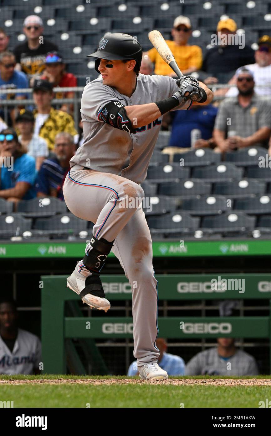 Miami Marlins' J,J. Bleday bats against the Pittsburgh Pirates in