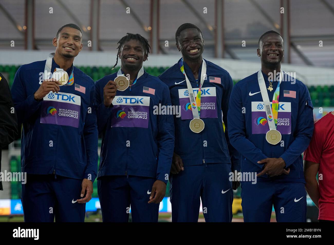 Gold medalists team USA pose during a medal ceremony for the men