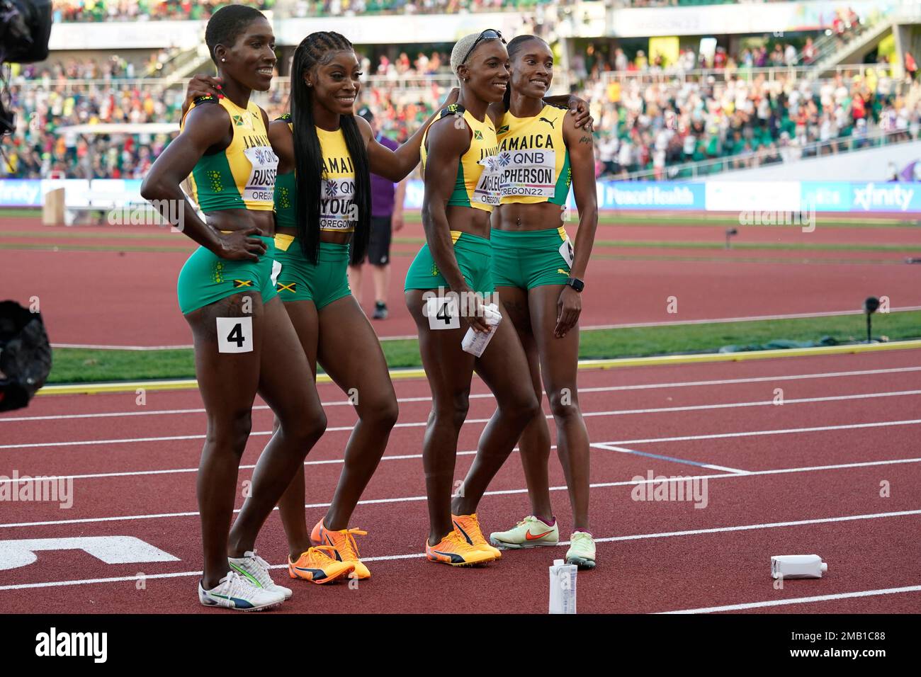 Silver medalists, team Jamaica celebrates after the women's 4x400meter