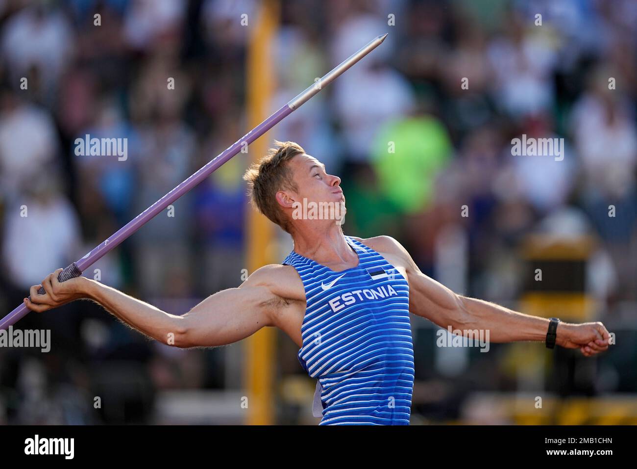 Johannes Erm, of Estonia, competes in the decathlon javelin throw at the World Athletics