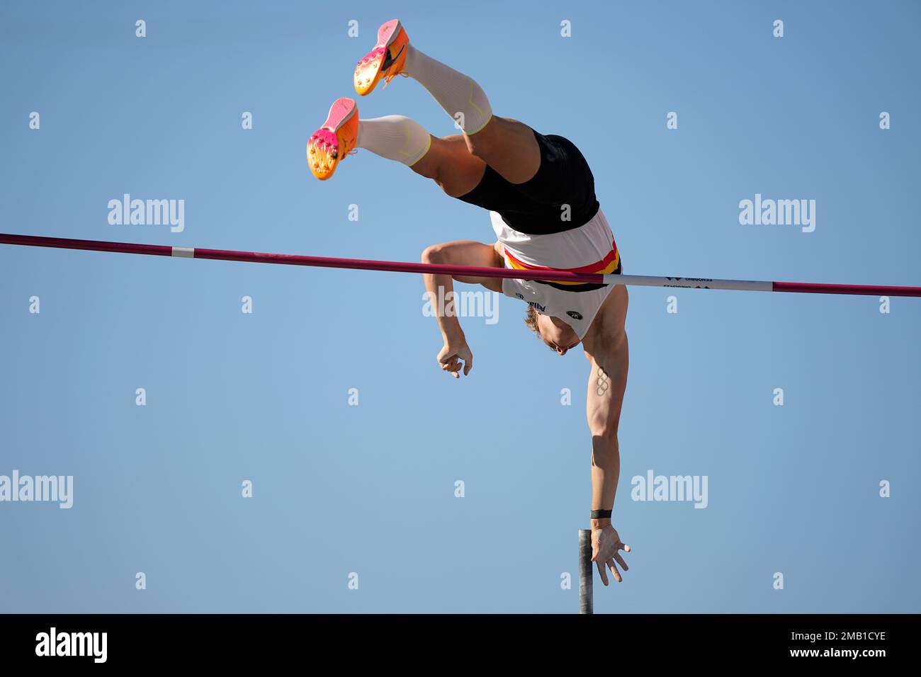 Ben Broeders, of Belgium, competes in the men's pole vault final at the