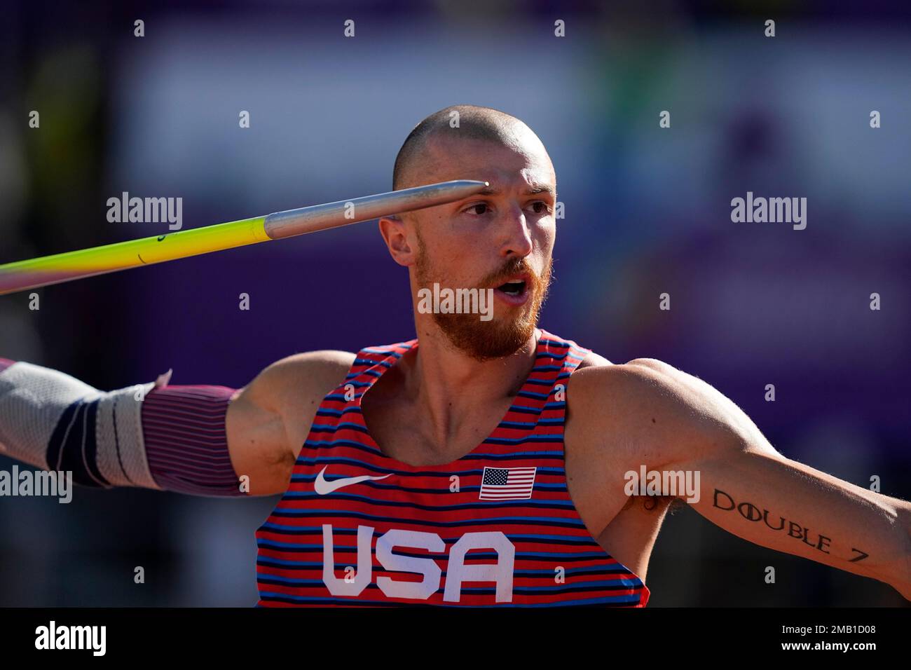 Zachery Ziemek, of the United States, competes in the decathlon javelin
