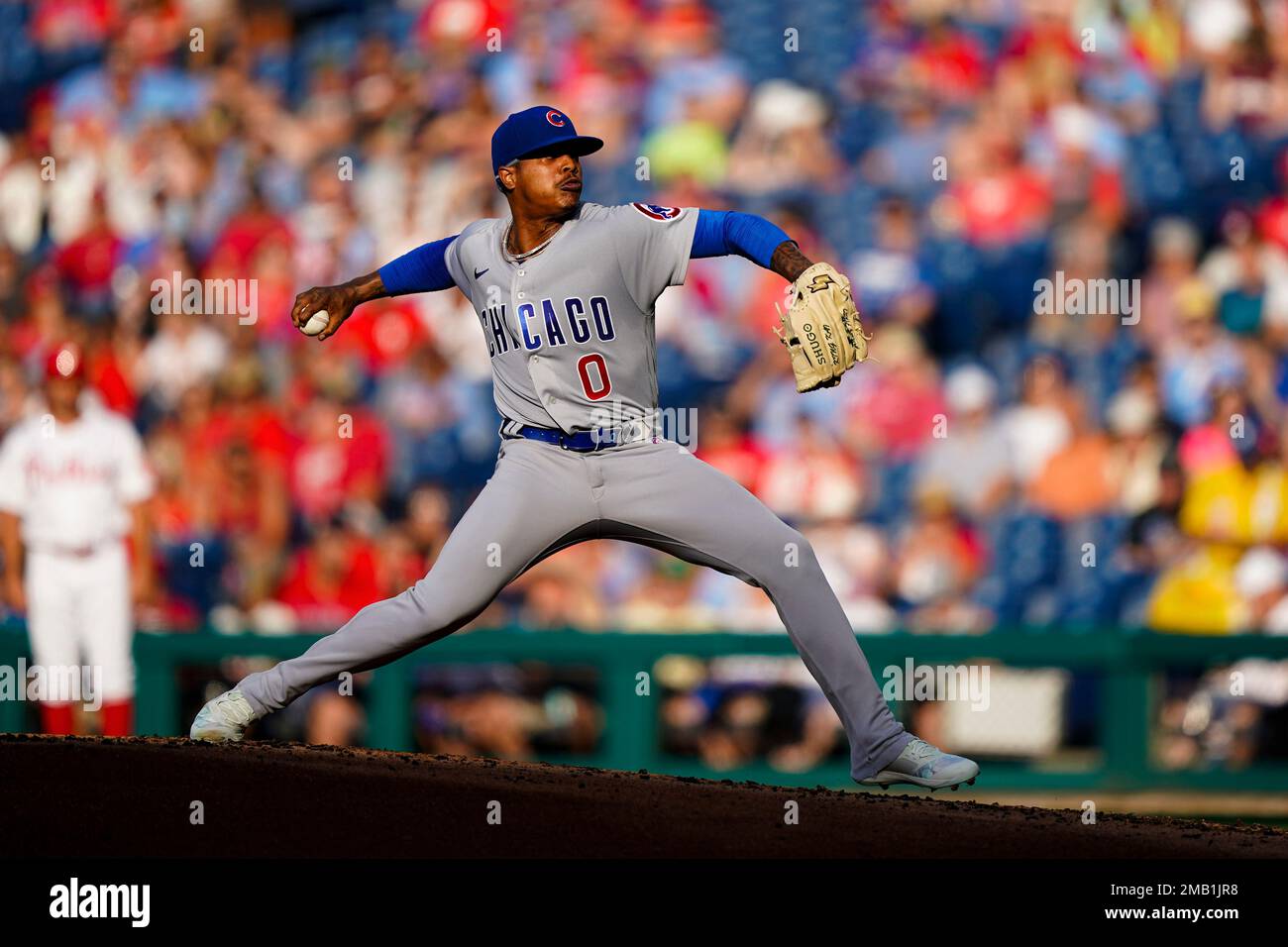 Chicago Cubs pitcher Marcus Stroman (0) pitches against the San Francisco  Giants during a MLB spring training baseball game, Saturday, Mar 19, 2022,  in Scottsdale, Ariz. (Chris Bernacchi/Image of Sport/Sipa USA Stock