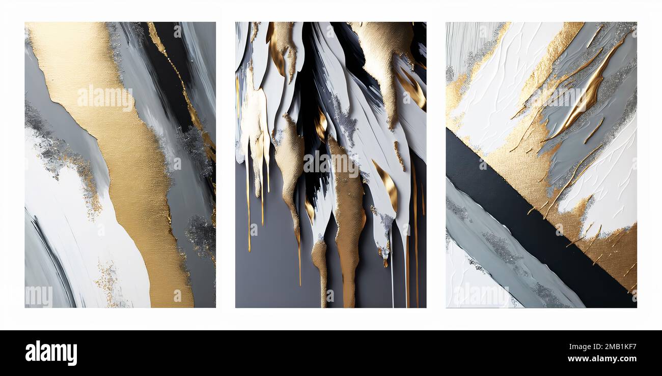 Modern digital art wall canvas poster. liquid wavy black, golden, and gray shapes Stock Photo