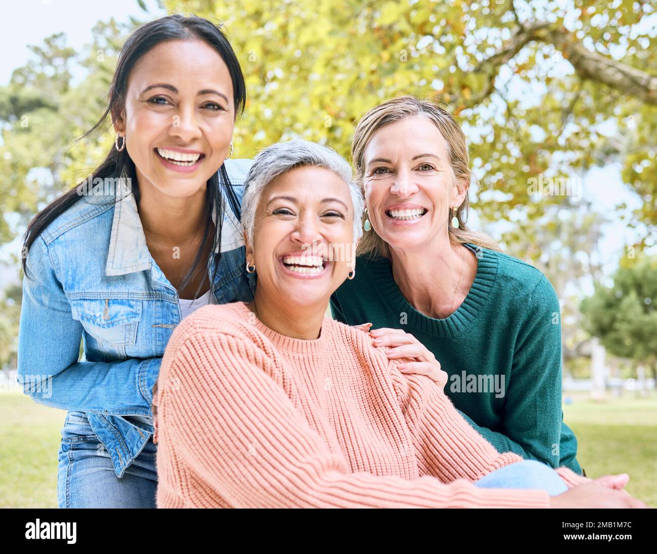 Retirement, women or bonding portrait on profile picture, social media or lifestyle freedom blog in relax environment. Smile, happy or elderly senior Stock Photo