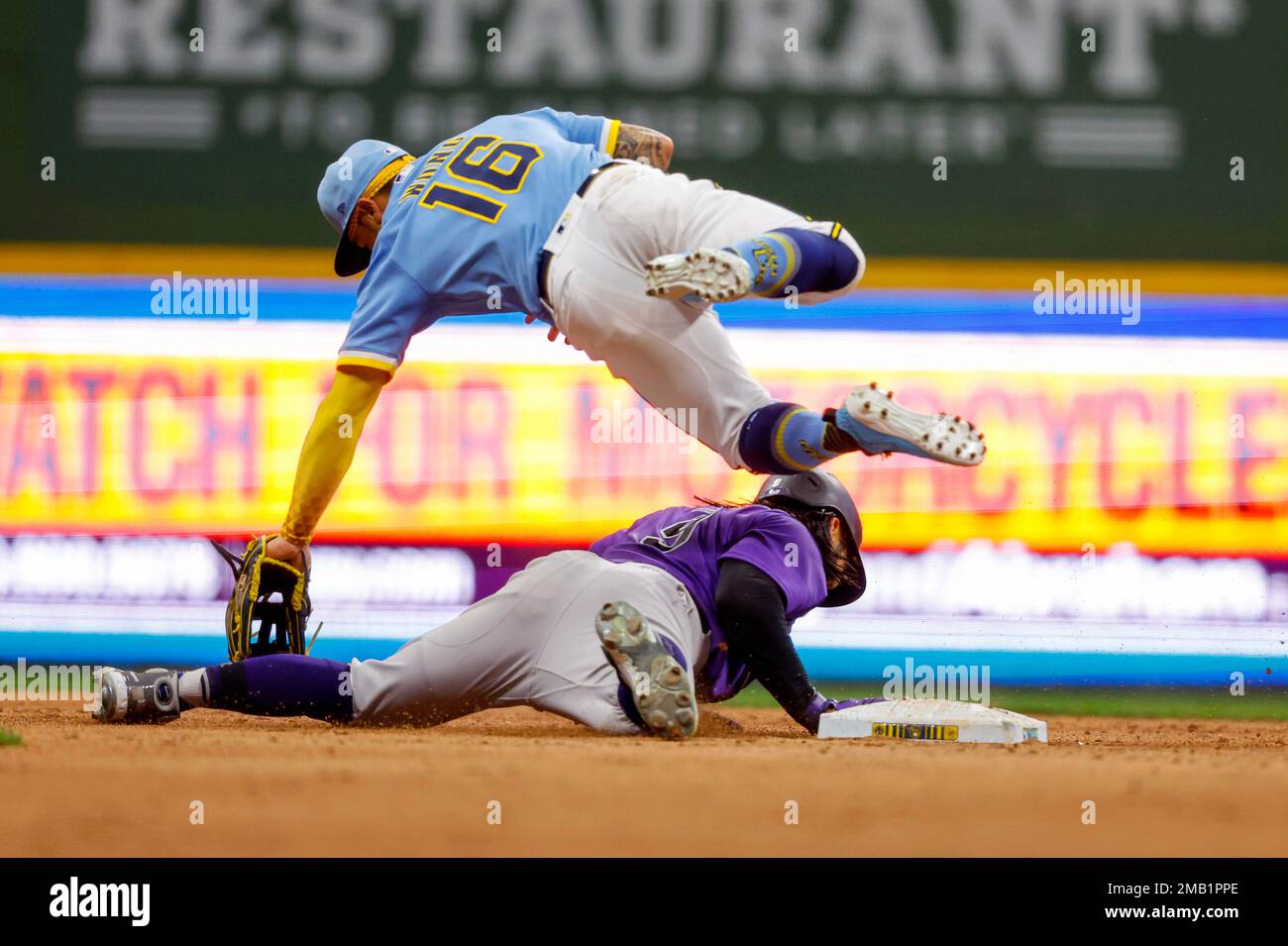 April 29, 2022 - Milwaukee Brewers second baseman Kolten Wong (16) is hit  by a pitch during MLB Baseball action between Chicago and Milwaukee at  Miller Park in Milwaukee, WI.(Credit Image Stock Photo - Alamy