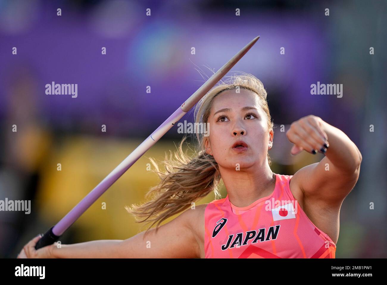 Sae Takemoto, of Japan, competes in the women's javelin throw final at