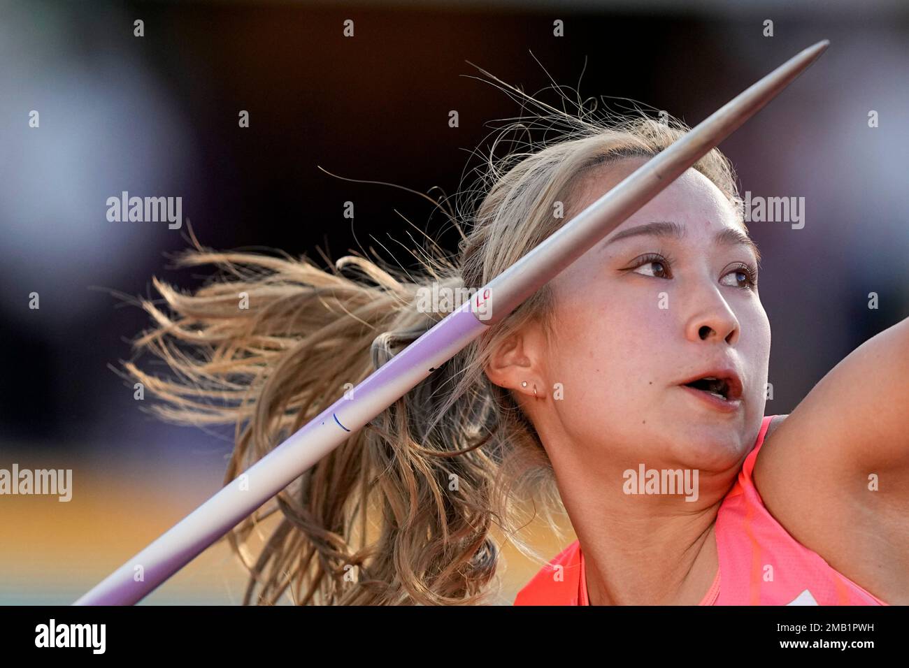 Sae Takemoto, of Japan, competes in the women's javelin throw final at