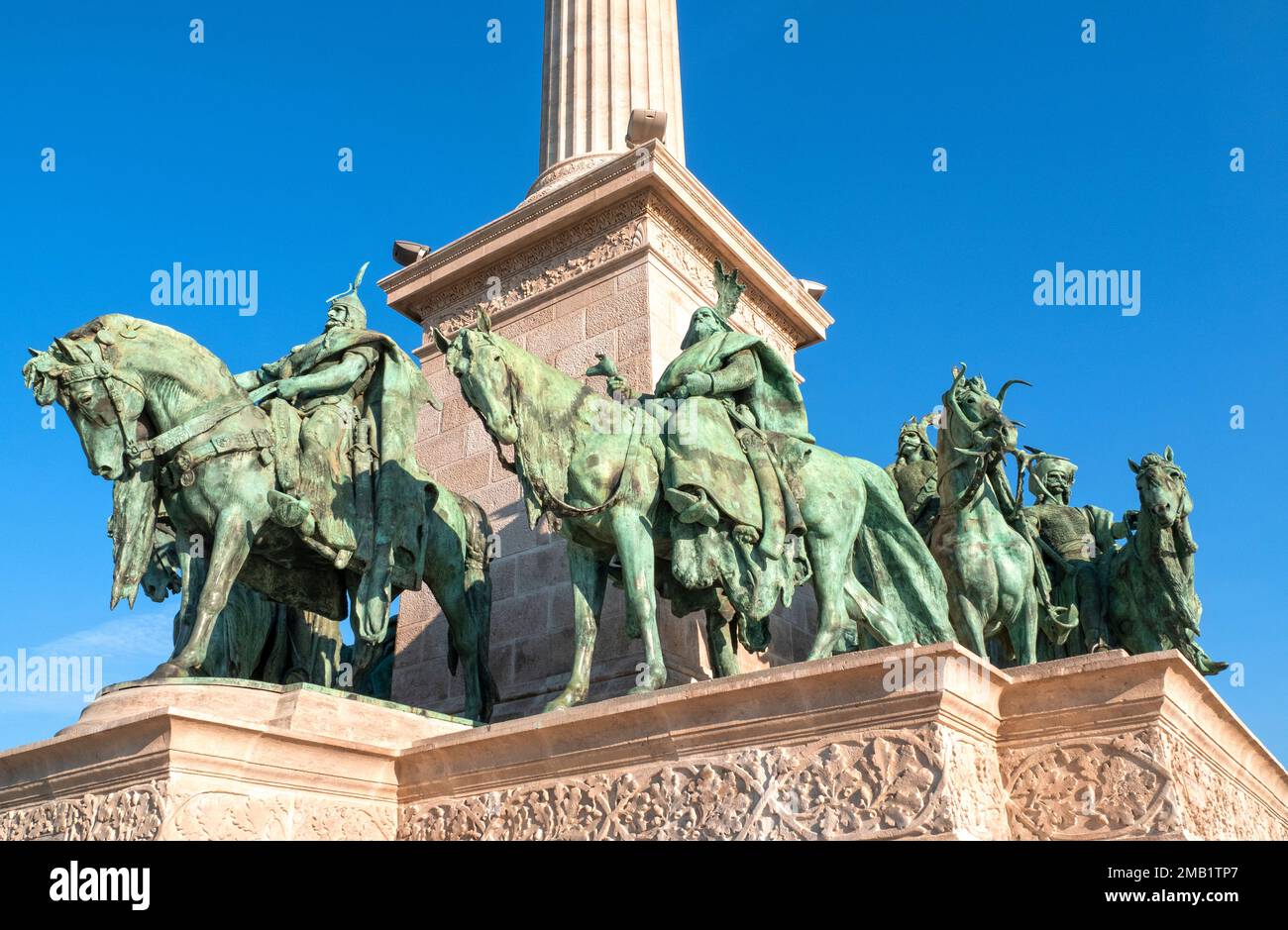 Monuments at the Heroes square in Budapest and statues of the Seven chieftains of the Magyars, Hungary Stock Photo