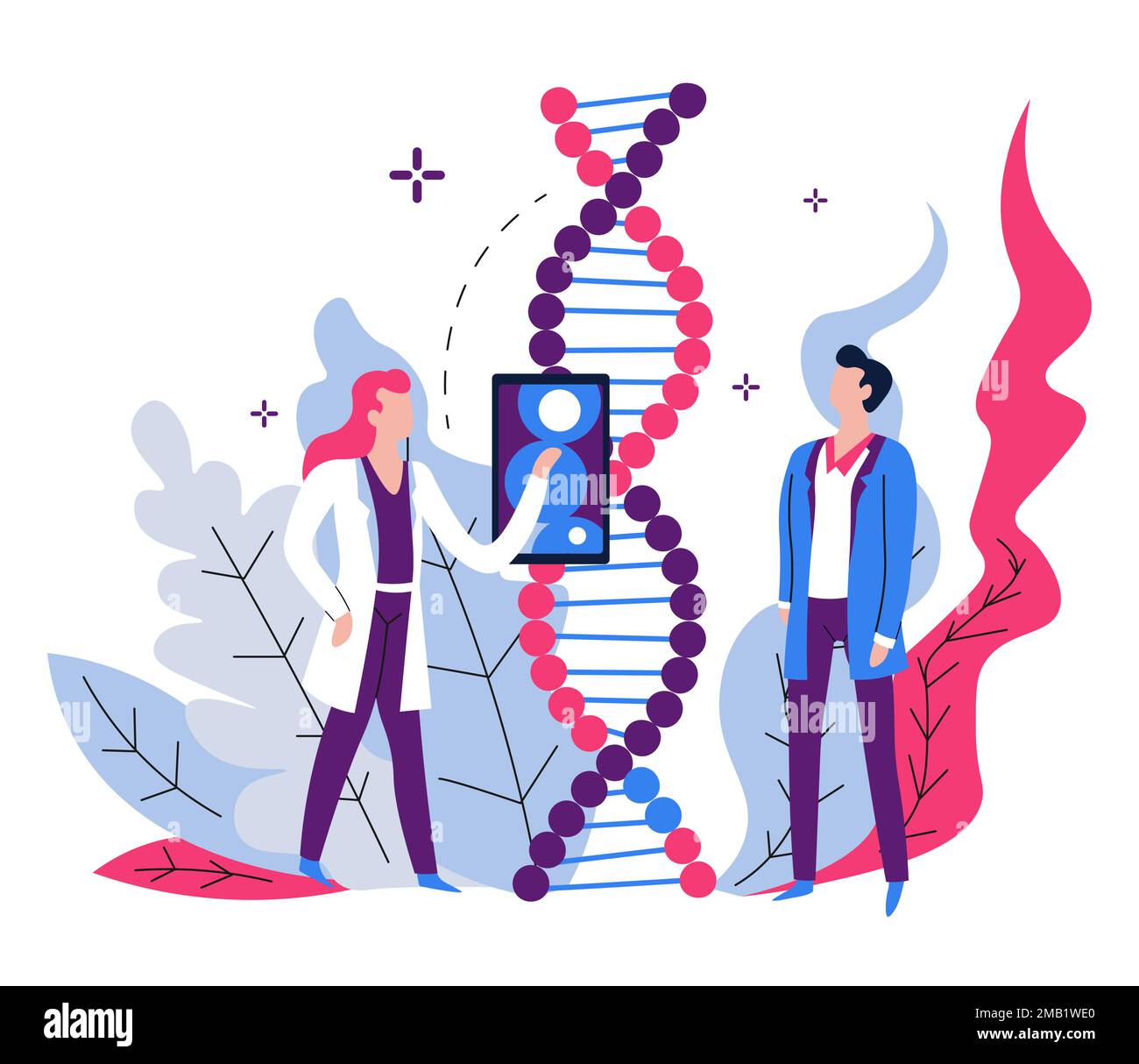 Genetic code examination DNA lab equipment and scientists vector man and woman in robes gene science laboratory and biotechnology development biologic Stock Vector