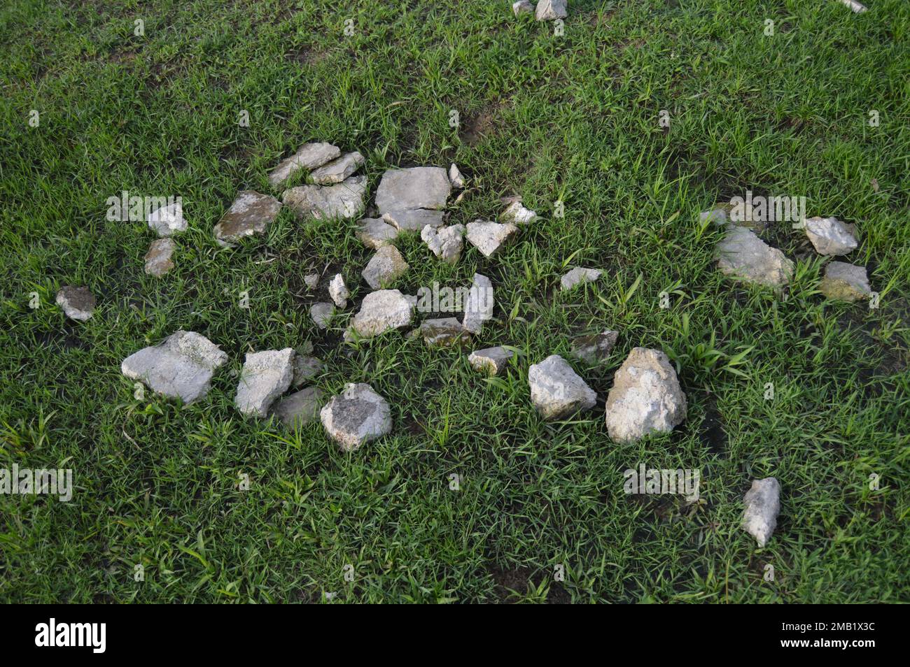 Portrait of stone fragments made of cement on a green grassy field