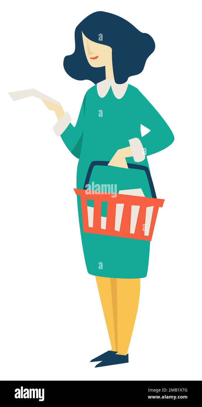 Food shopping woman with supermarket basket and purchases list or check vector customer and