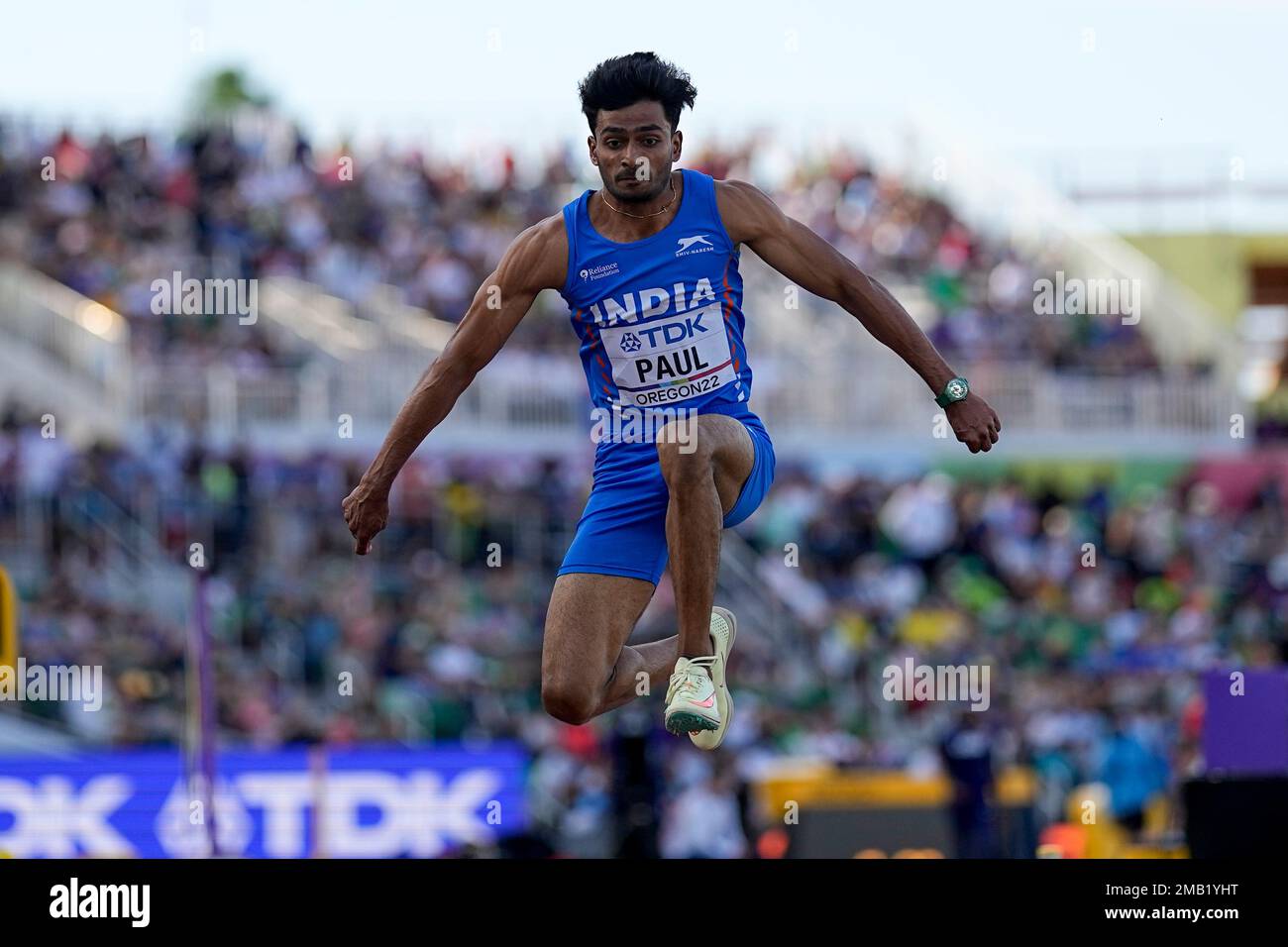 Eldhose Paul, of India, competes during qualifications for the men's