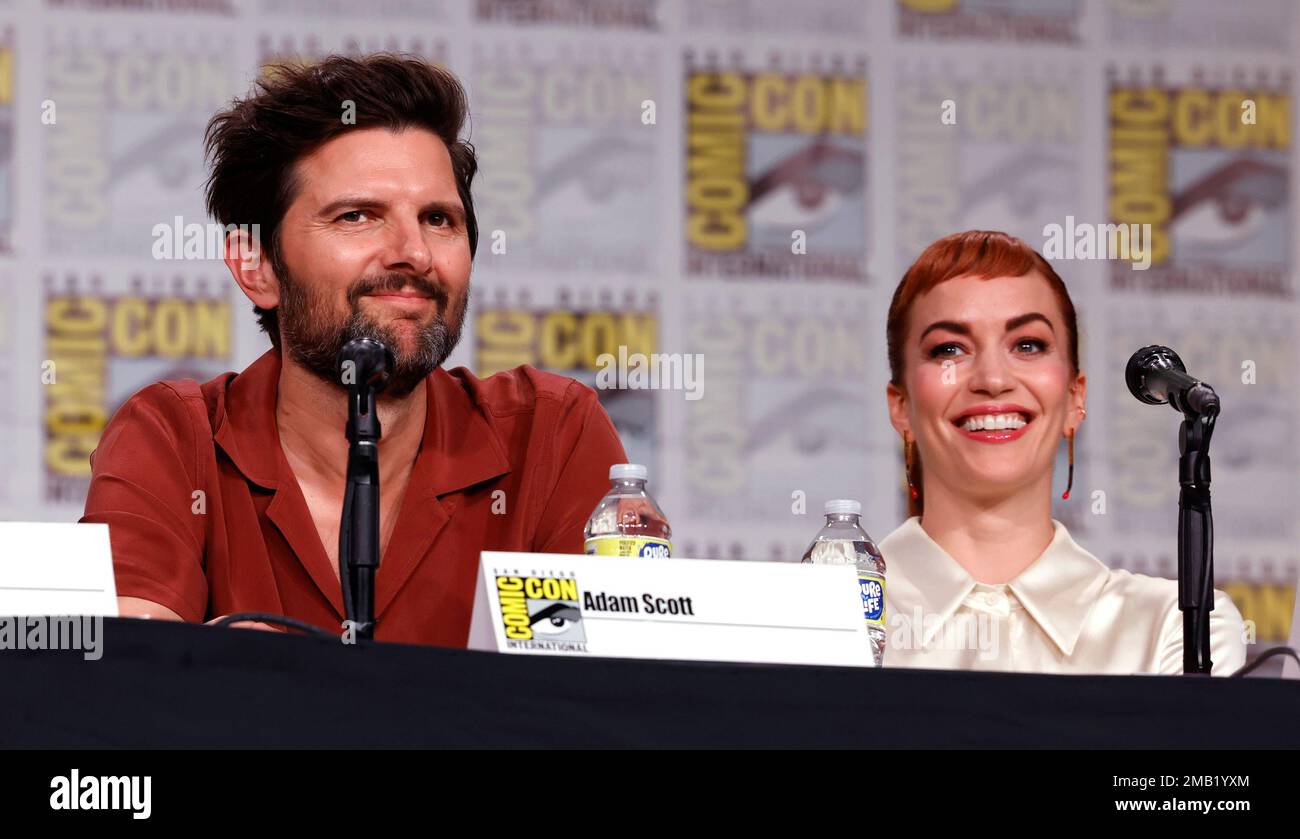Adam Scott, left, and Britt Lower attend a panel for the television