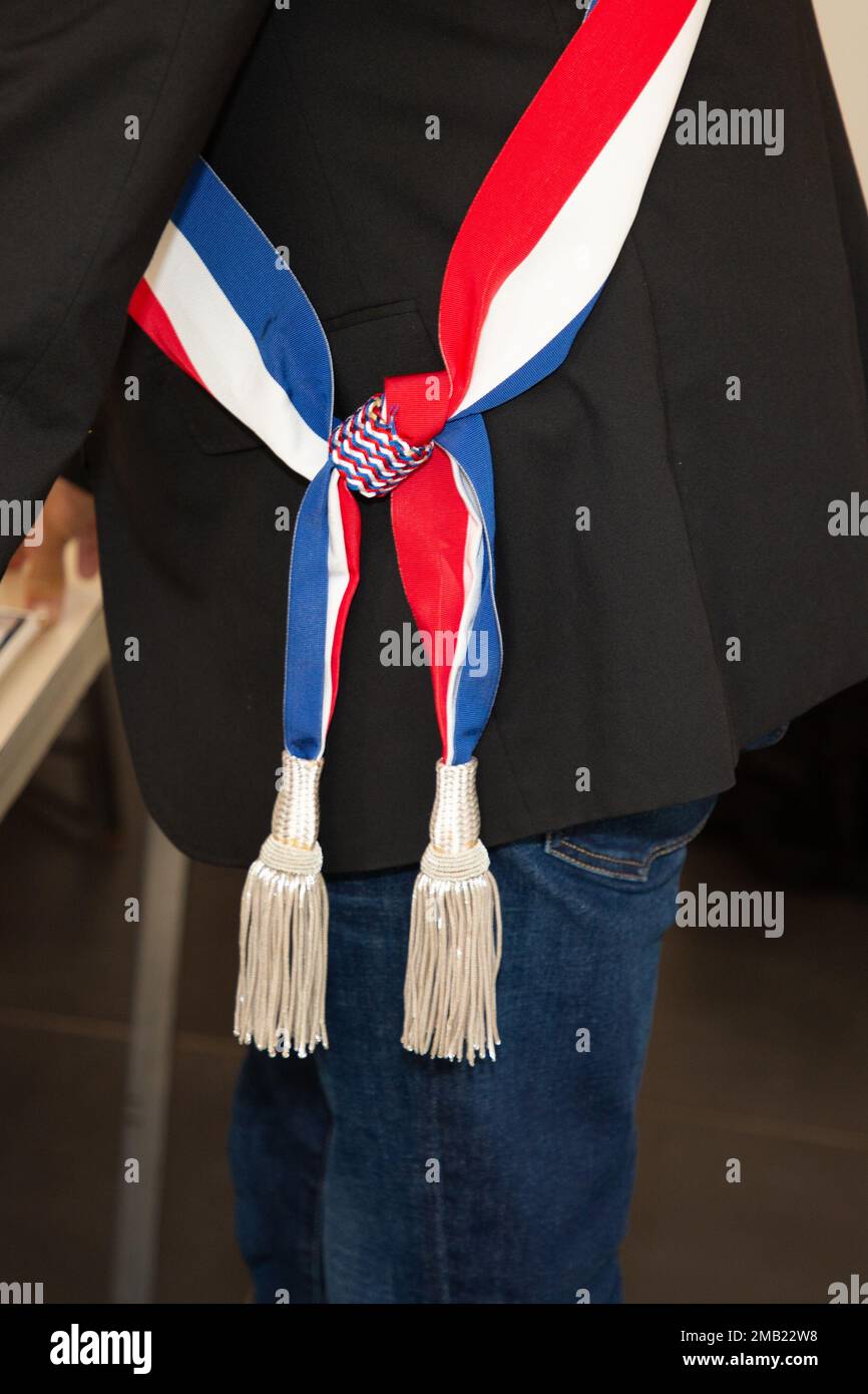 french mayor official france tricolor scarf during an official