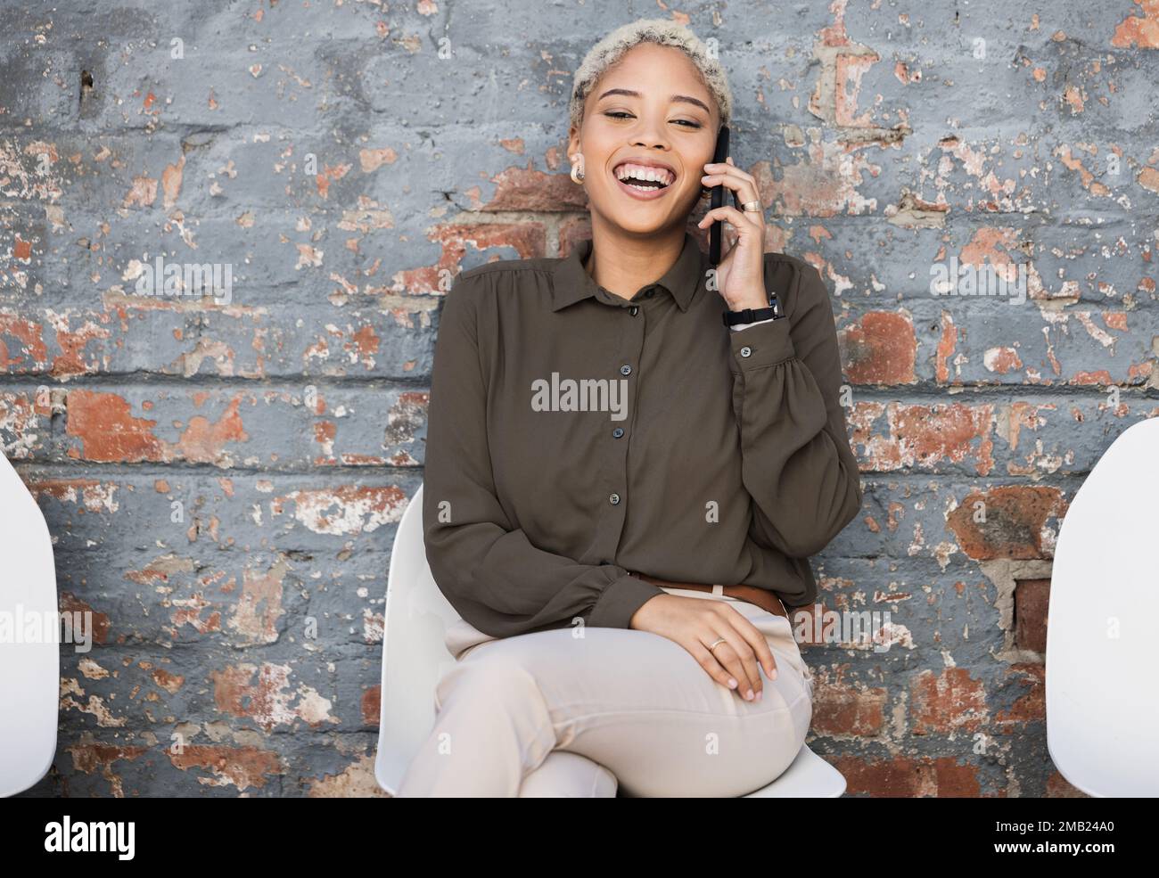 Happy woman, funny phone call and business portrait for communication, contact us and 5g connection. Face of a entrepreneur person laughing on a Stock Photo