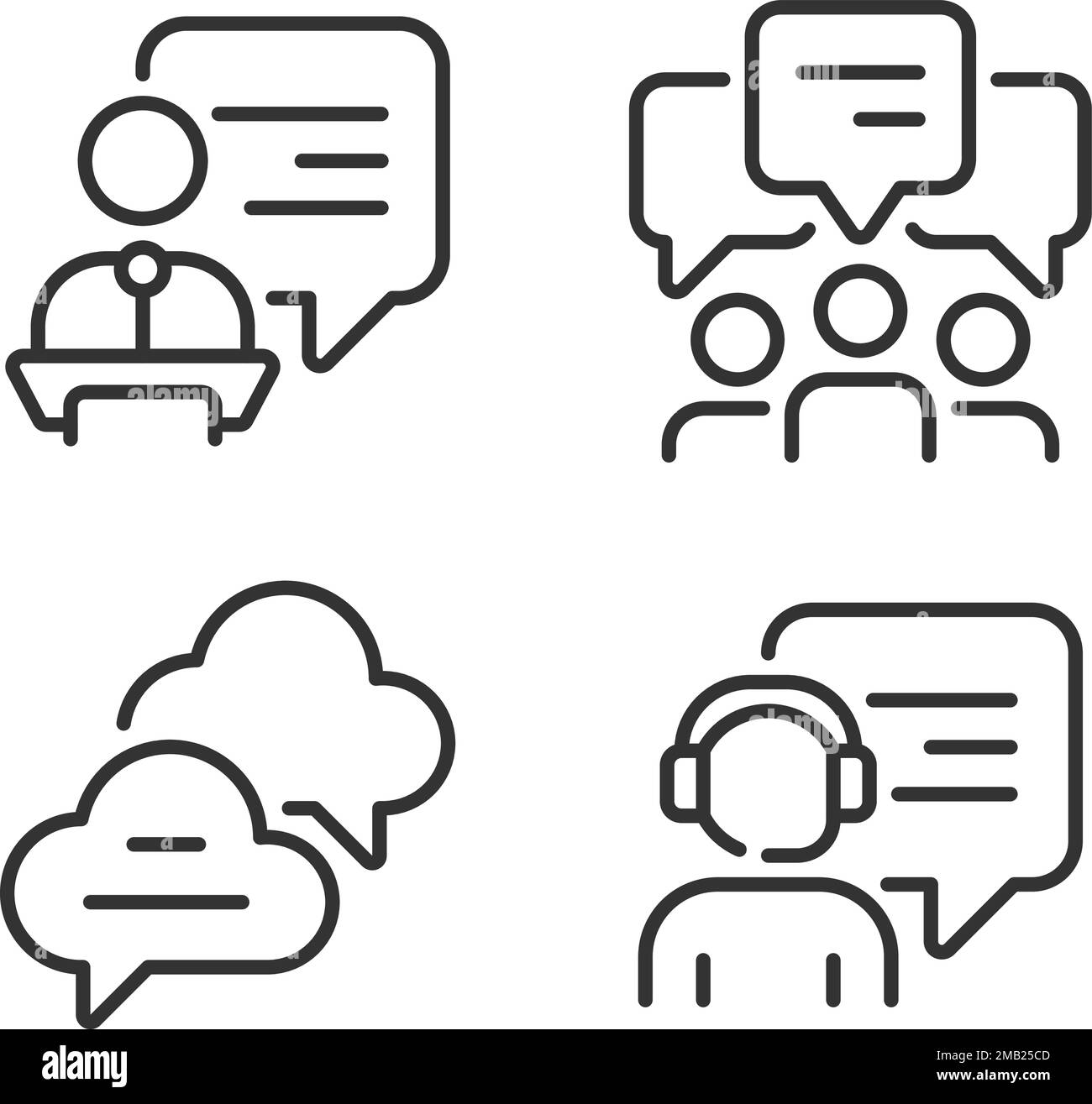 Speech bubbles in different spheres pixel perfect linear icons set Stock Vector