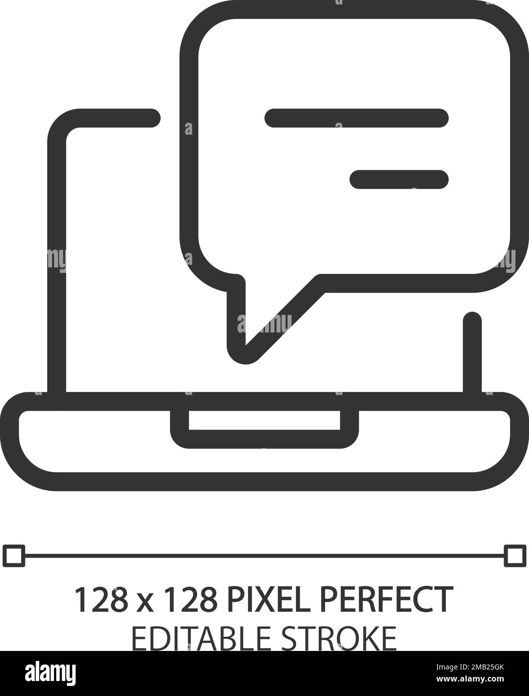 Laptop with speech bubble pixel perfect linear icon Stock Vector