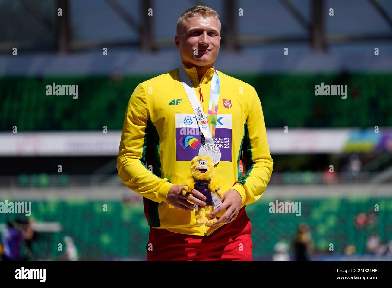 Silver medalist Mykolas Alekna, of Lithuania during a medal ceremony