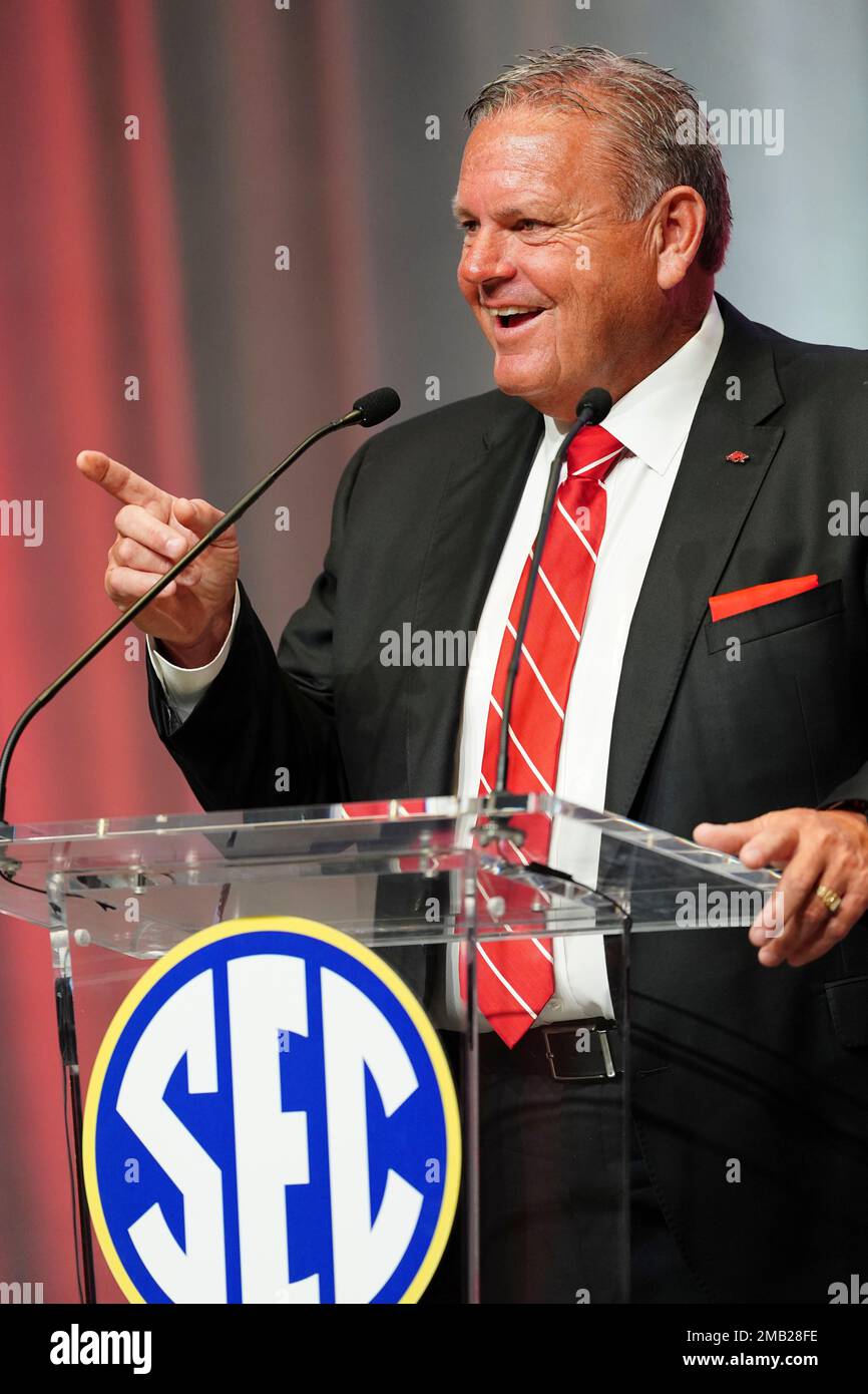Arkansas head coach Sam Pittman speaks during NCAA college football
