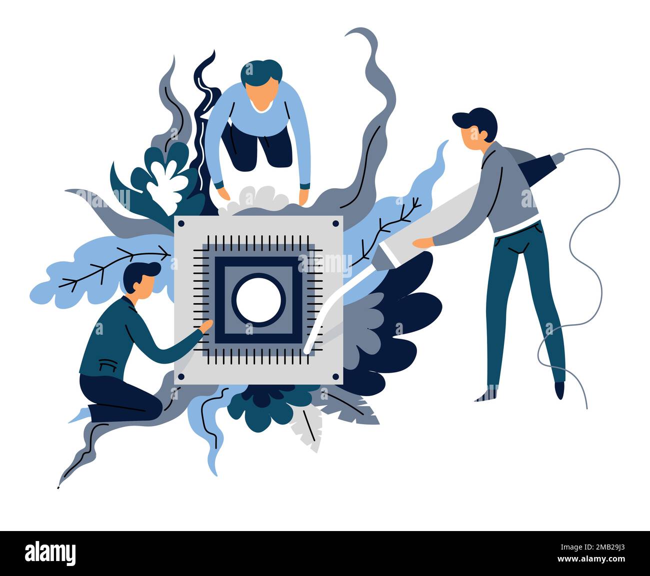 Microscheme soldering and programmers artificial intelligence creation abstract concept vector engineering male characters and metal part mechanism fu Stock Vector