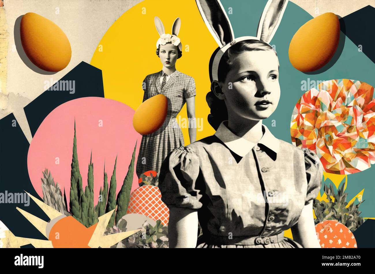 Funny Easter bunny girls. Retro style pop art collage Stock Photo