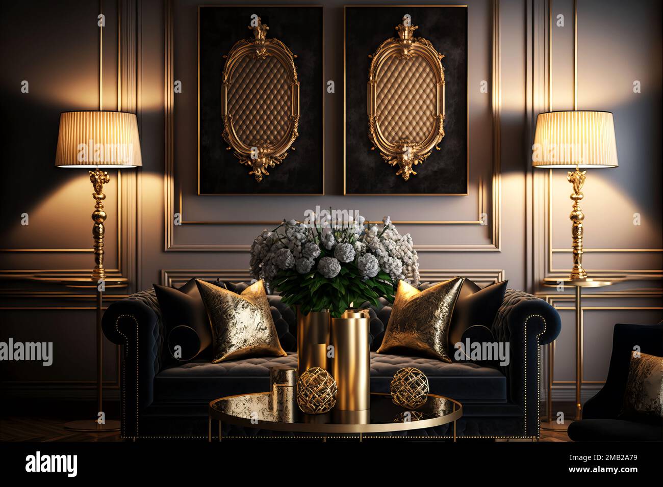 Art Deco living room with golden decorations. Interior design Stock Photo