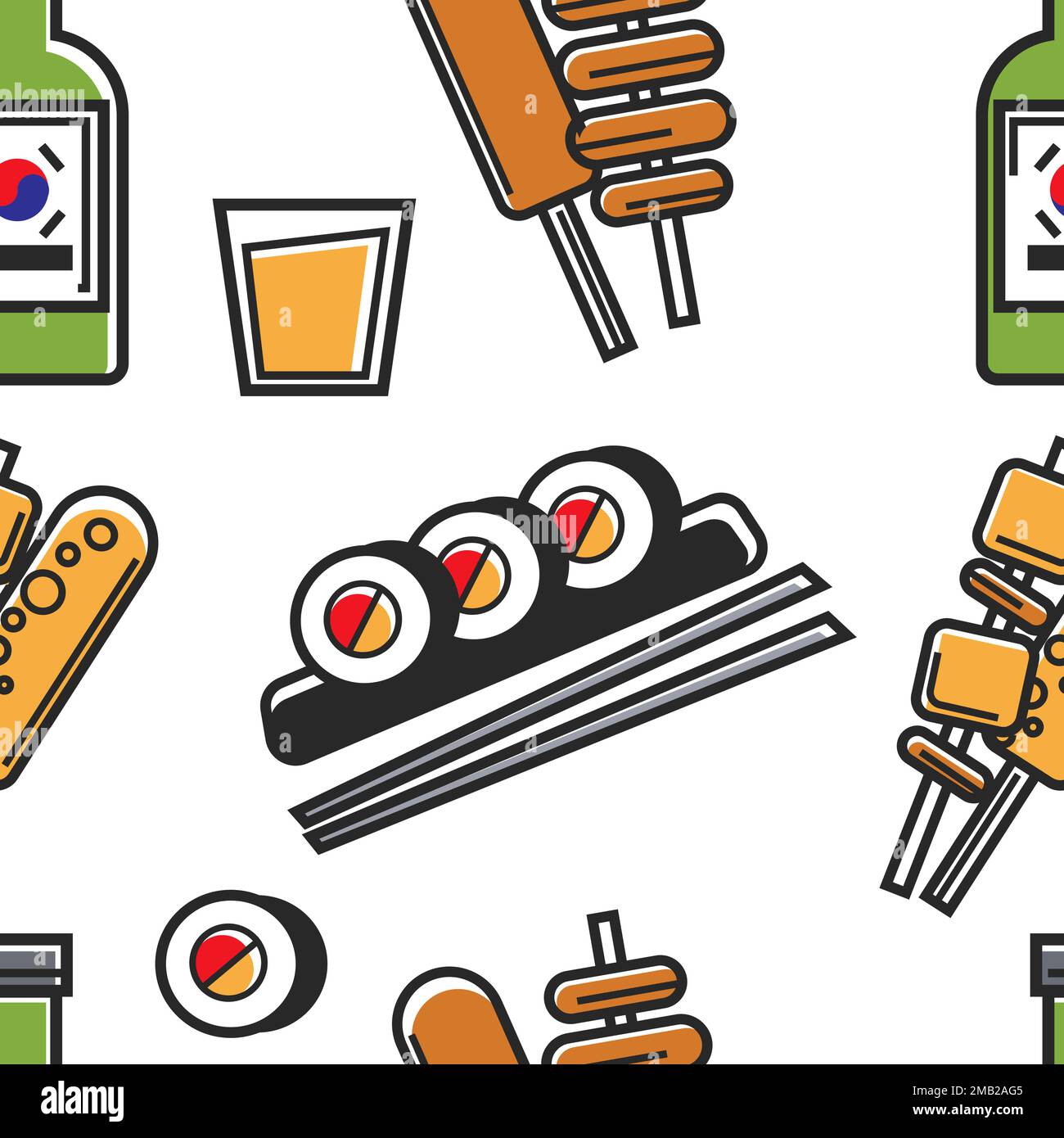 Sushi and deep fried fast food soju drink Korean food seamless pattern street meals on stick or skewer alcohol beverage and rolls with chopsticks endl Stock Vector