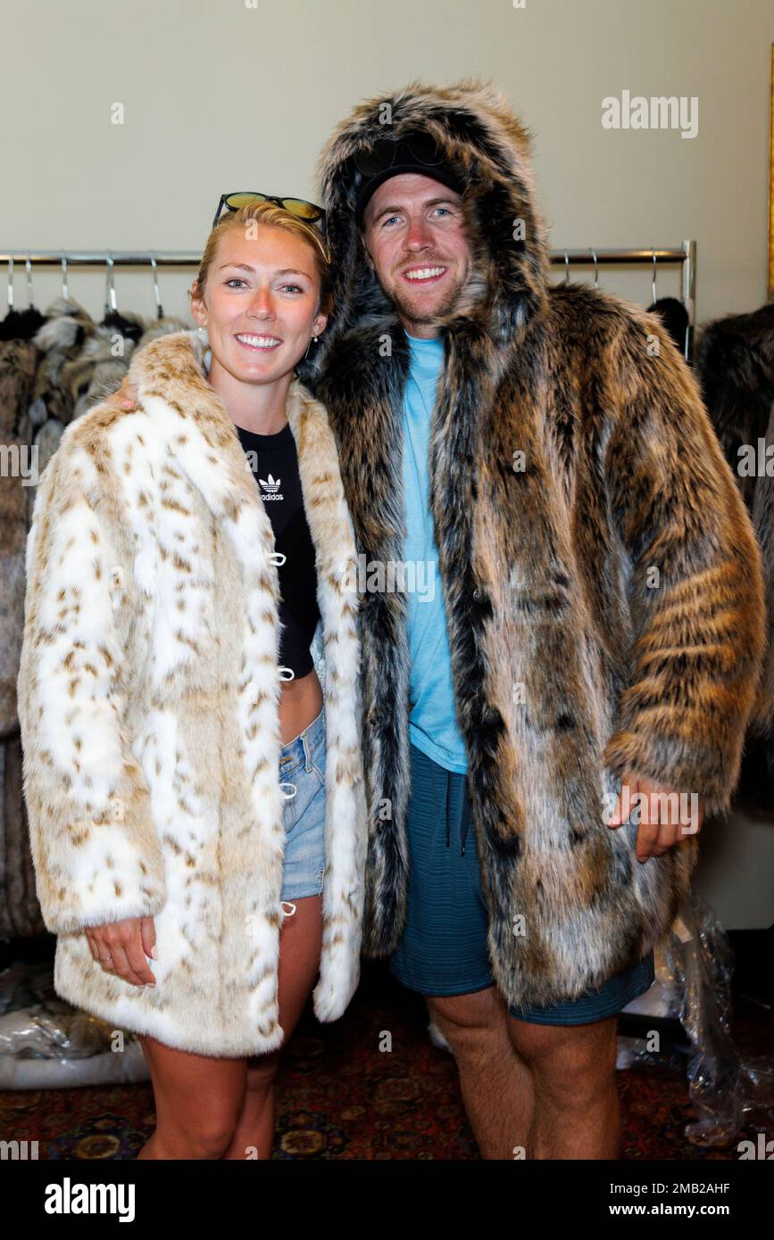 Mikaela Shiffrin, left and Alex Aamodt Kilde attend the Backstage