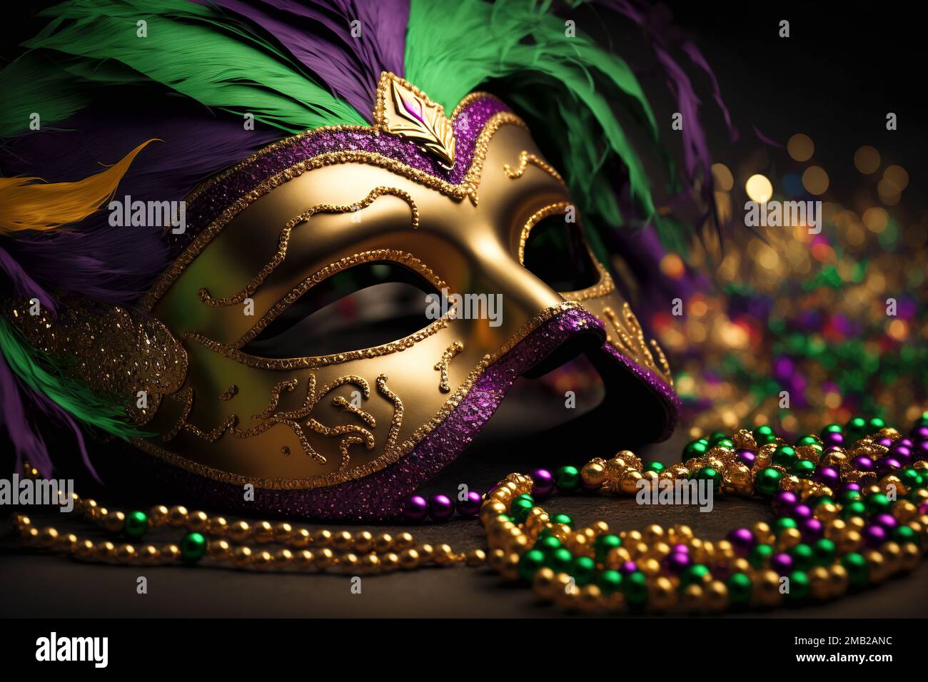 Golden carnival mask with colorful bead chain. Mardi gras background Stock  Photo - Alamy