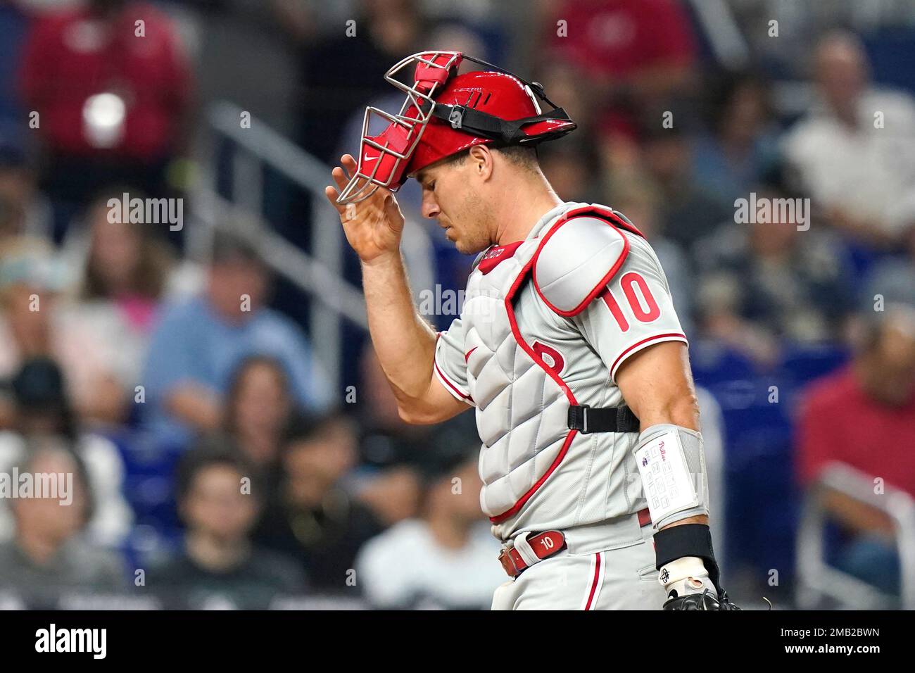 Philadelphia Phillies starting pitcher Ranger Suarez, left, walks with  catcher J.T. Realmuto, center, before a baseball game against the Miami  Marlins, Saturday, July 8, 2023, in Miami. (AP Photo/Lynne Sladky Stock  Photo 