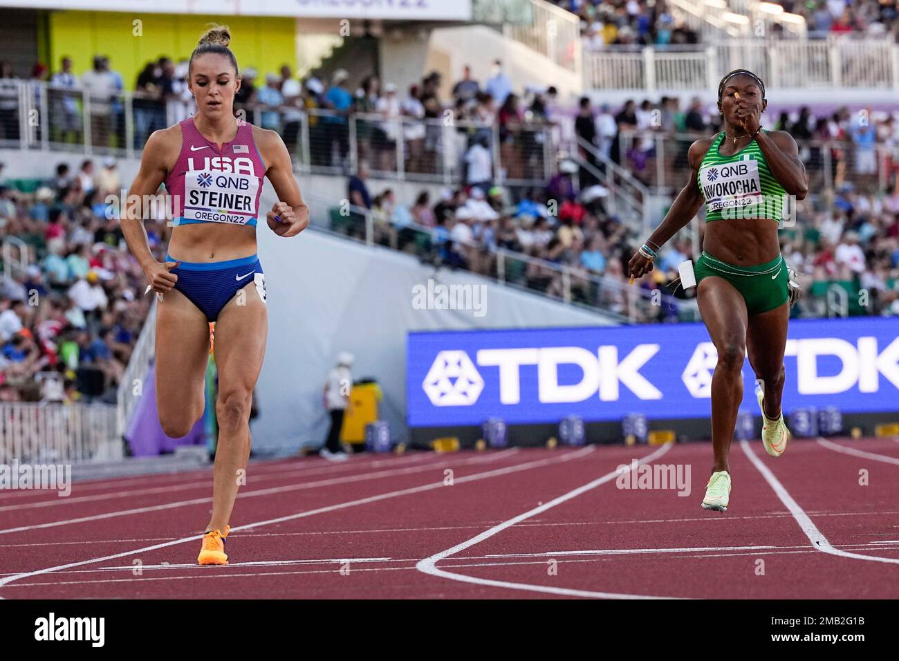 Abby Steiner, of the United States, wins a heat in the women's 200
