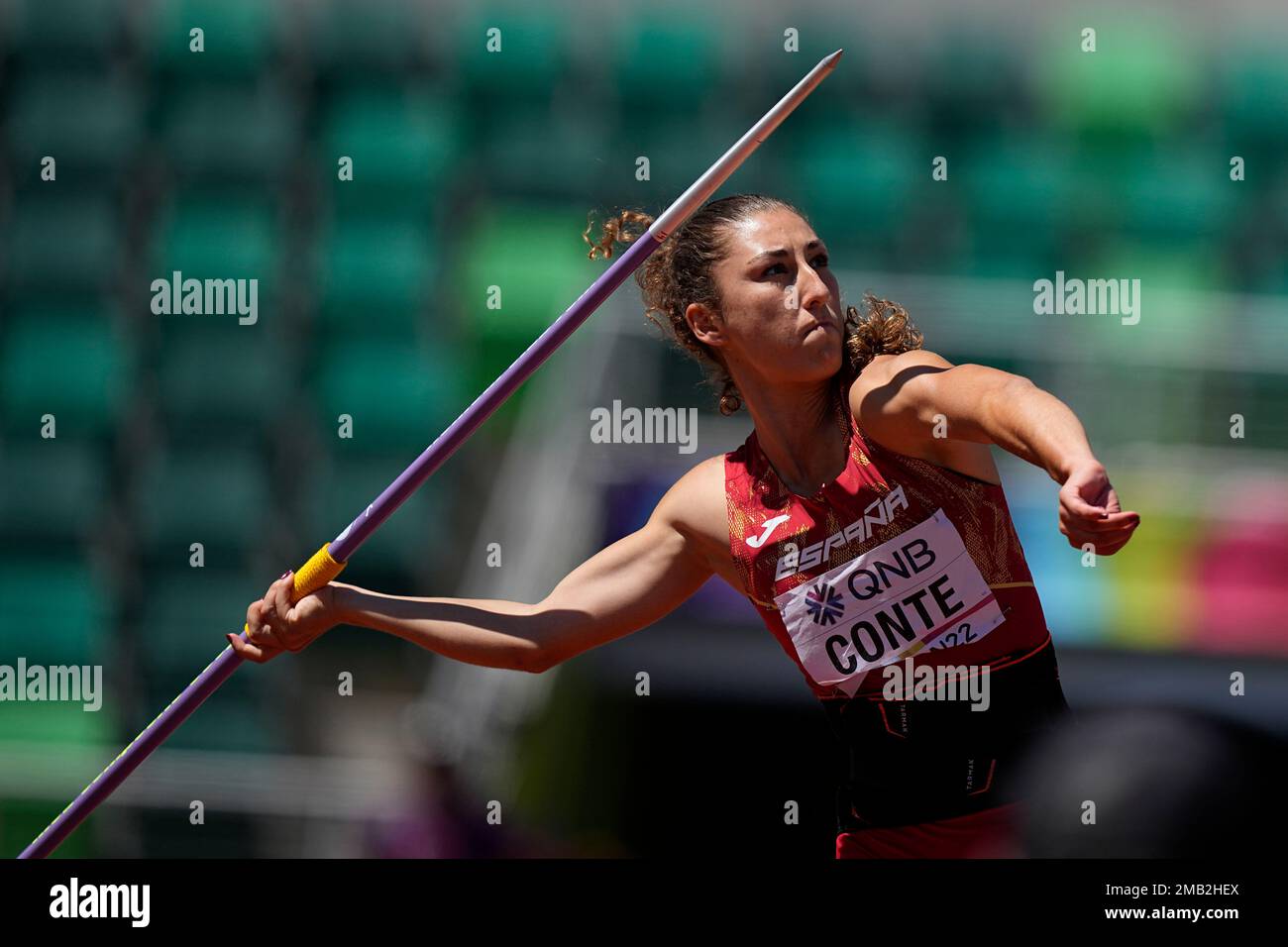 Claudia Conte, of Spain, competes in the javelin throw heptathlon at