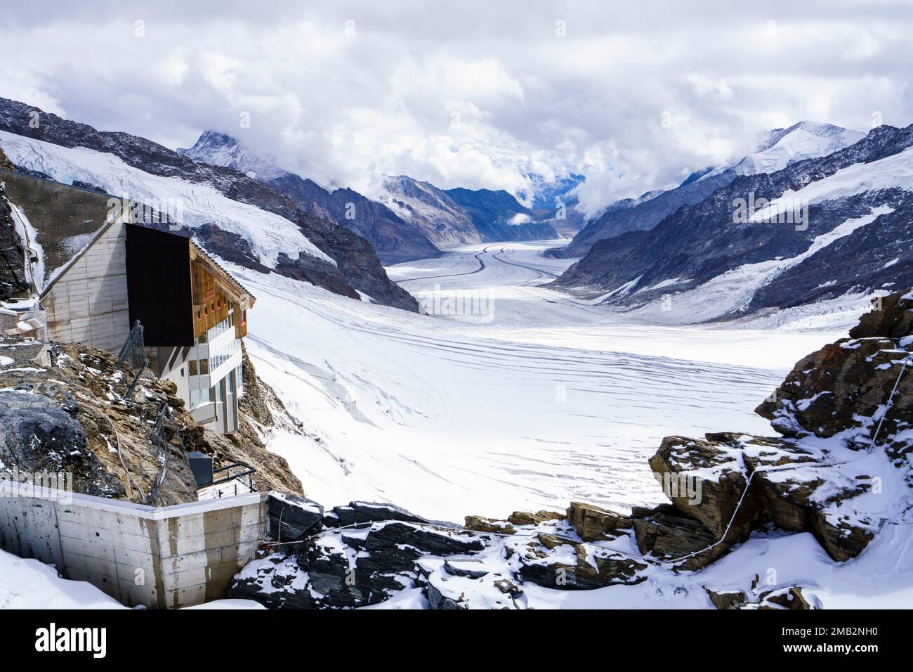 Jungfrau Joch on top of Europa landscape scenery view down to Aletsch ...