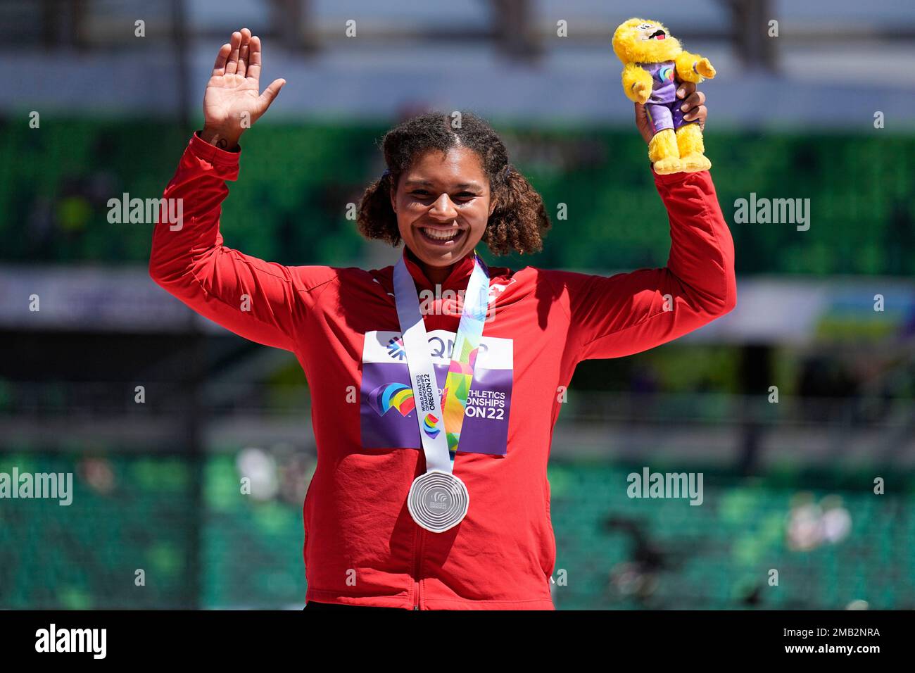 Silver medalist Camryn Rogers, of Canada stands on the podium after ...