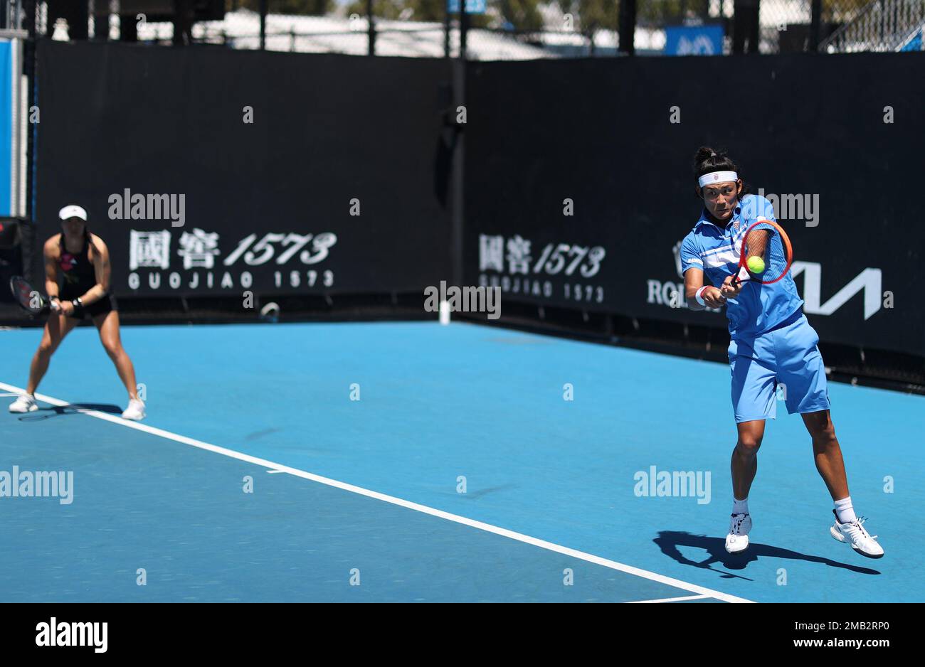 Melbourne, Australia. 20th Jan, 2023. Han Xinyun/Zhang Zhizhen (R) of China compete during the mixed doubles first round match against Luisa Stefani/Rafael Matos of Brazil at Australian Open tennis tournament in Melbourne, Australia, on Jan. 20, 2023. Credit: Bai Xuefei/Xinhua/Alamy Live News Stock Photo