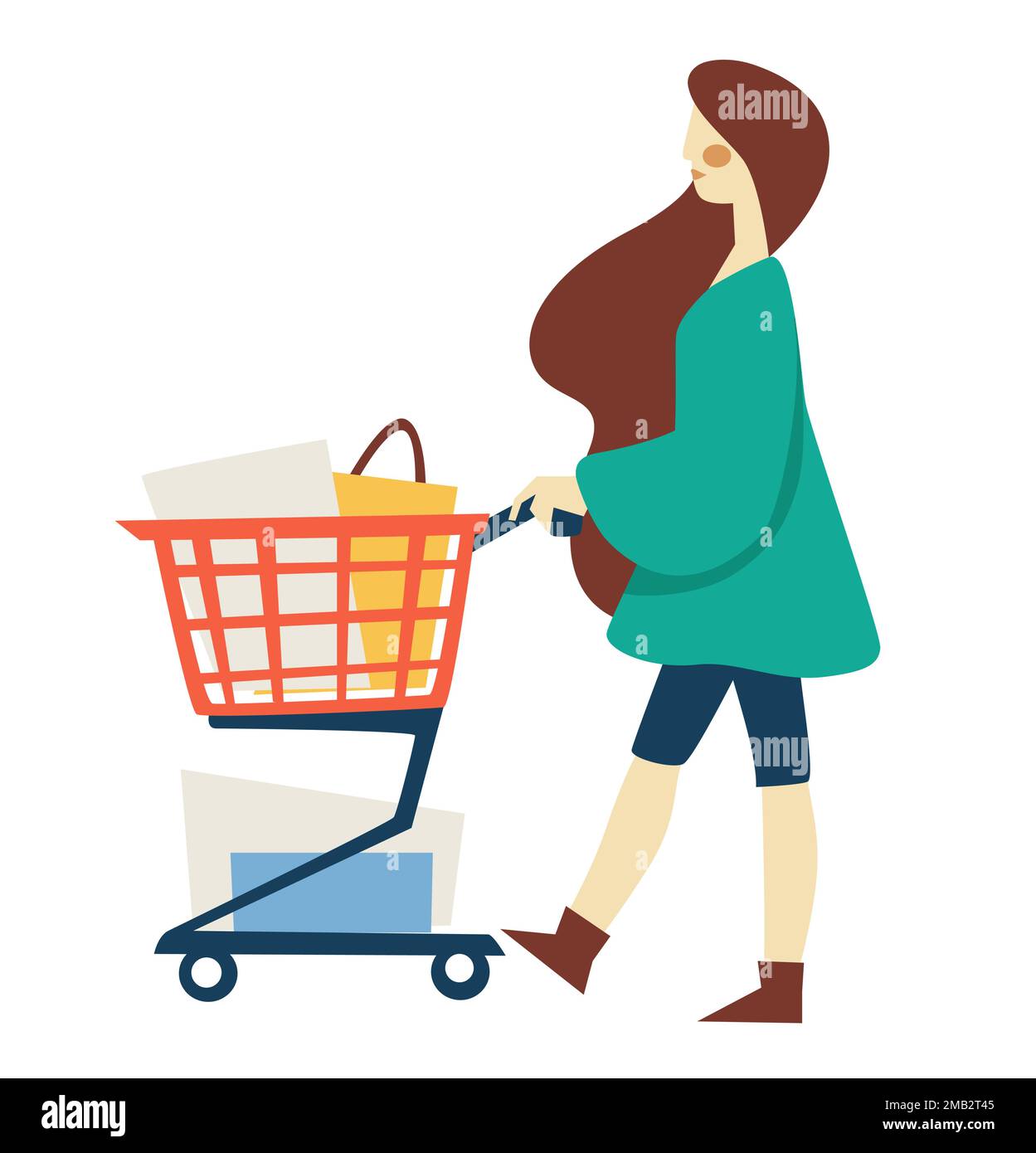 Shopping woman with supermarket cart or trolley bags and boxes Stock Vector  Image \u0026 Art - Alamy, image size:1249x1390