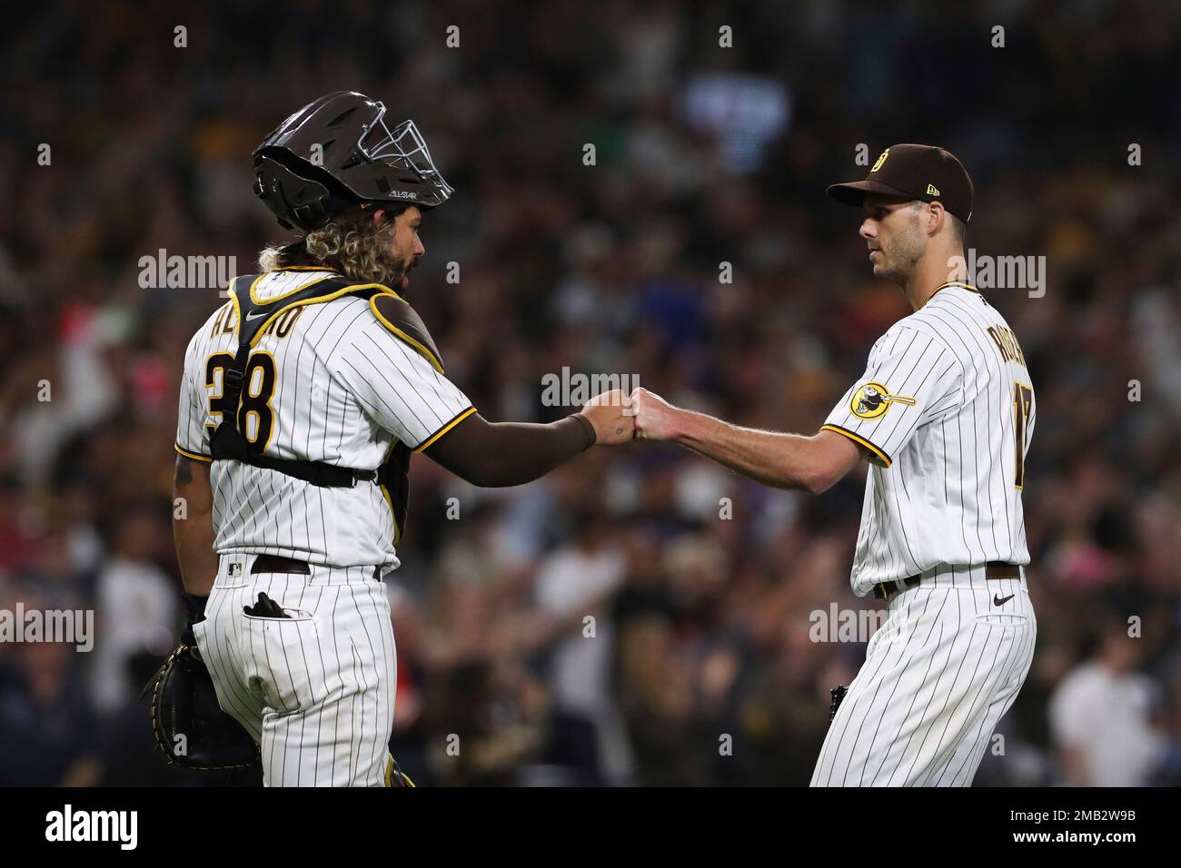 Jorge Alfaro of the San Diego Padres celebrates after hitting a