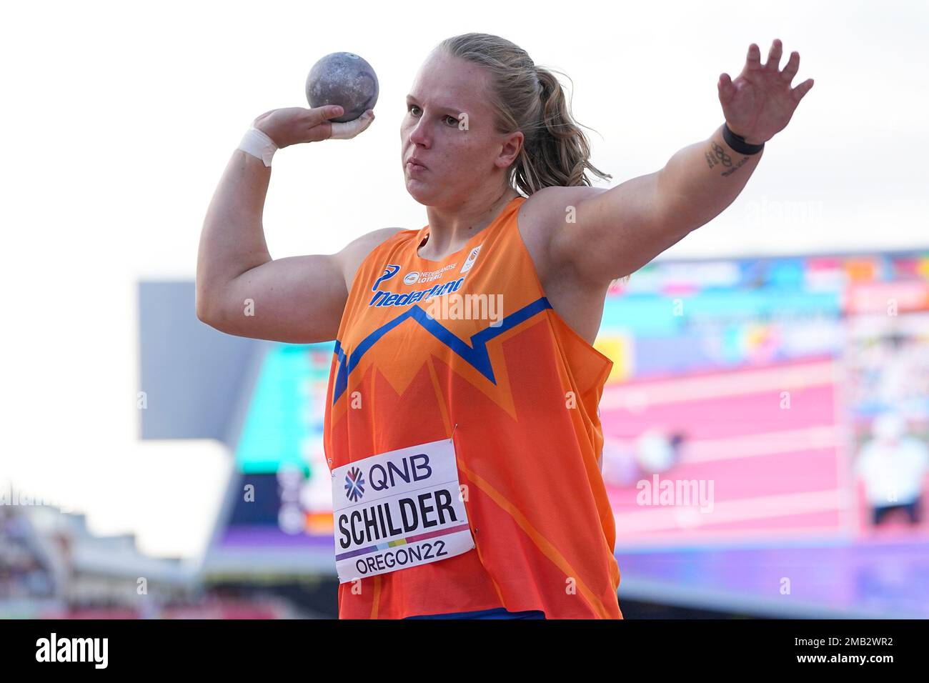 Jessica Schilder, of the Netherlands, competes during the women's shot