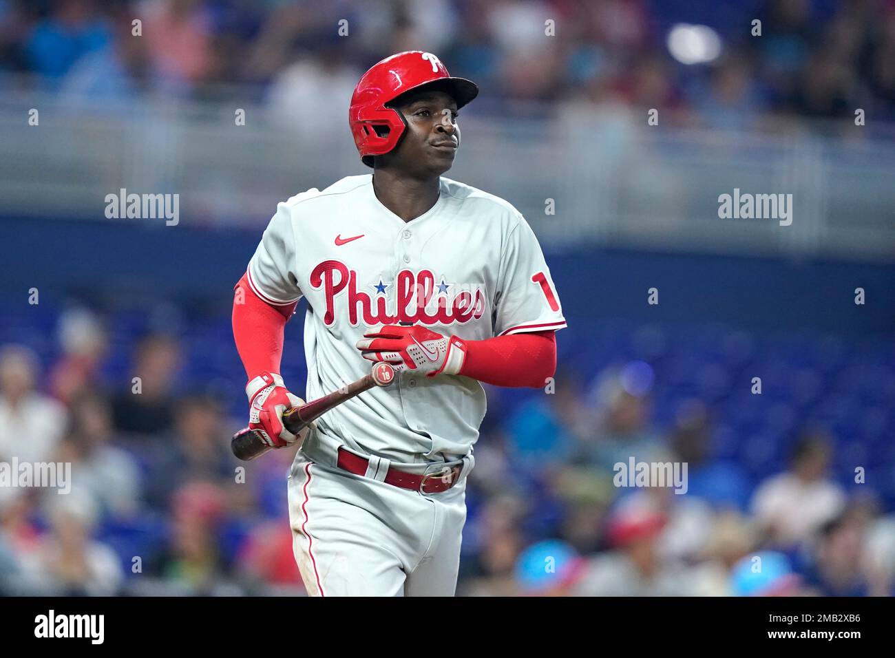 Philadelphia Phillies' Didi Gregorius walks to the dugout after popping out  during the fifth inning of a baseball game against the Miami Marlins,  Saturday, July 16, 2022, in Miami. (AP Photo/Lynne Sladky