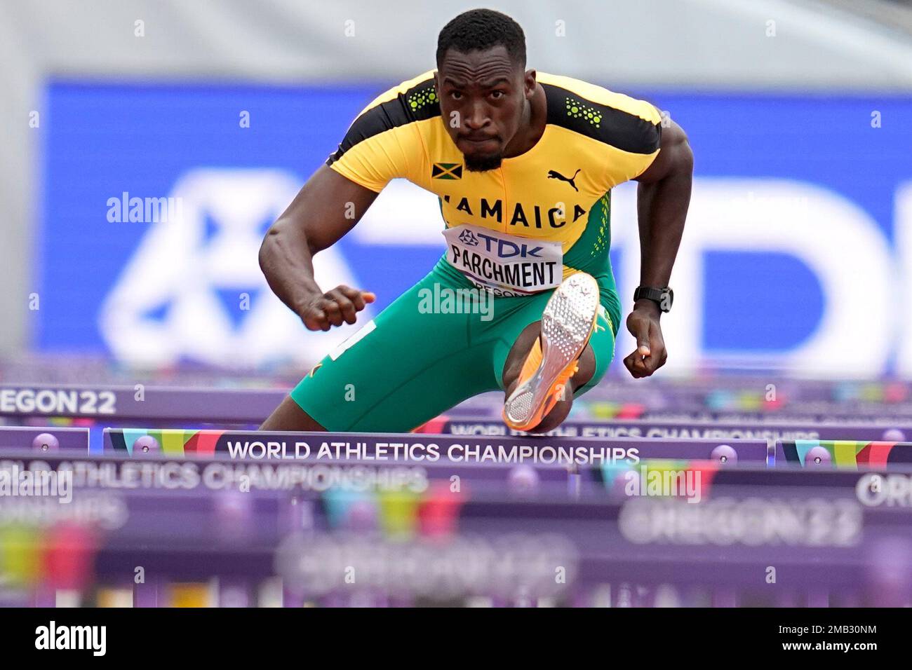 Hansle Parchment, of Jamaica, wins a heat in the mens 110meter hurdles