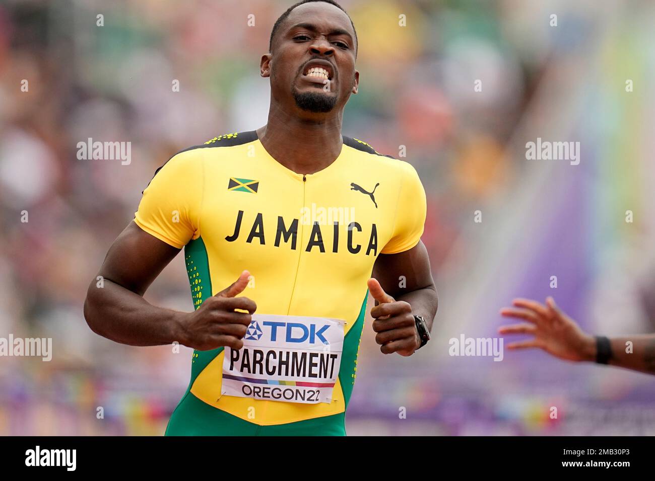Hansle Parchment, of Jamaica, wins a heat in the mens 110meter hurdles
