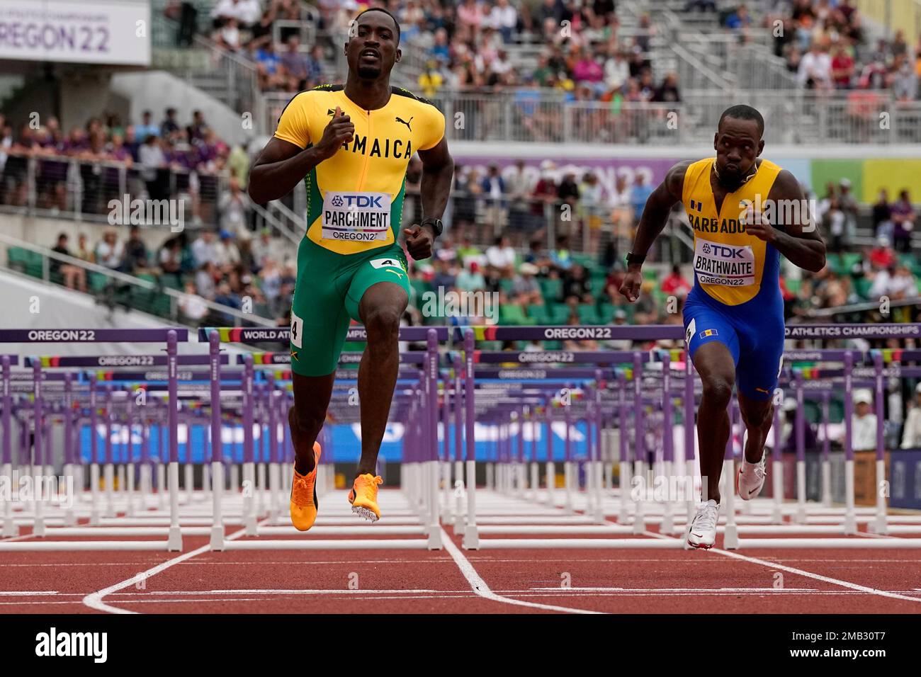 Hansle Parchment, of Jamaica, wins a heat in the mens 110meter hurdles