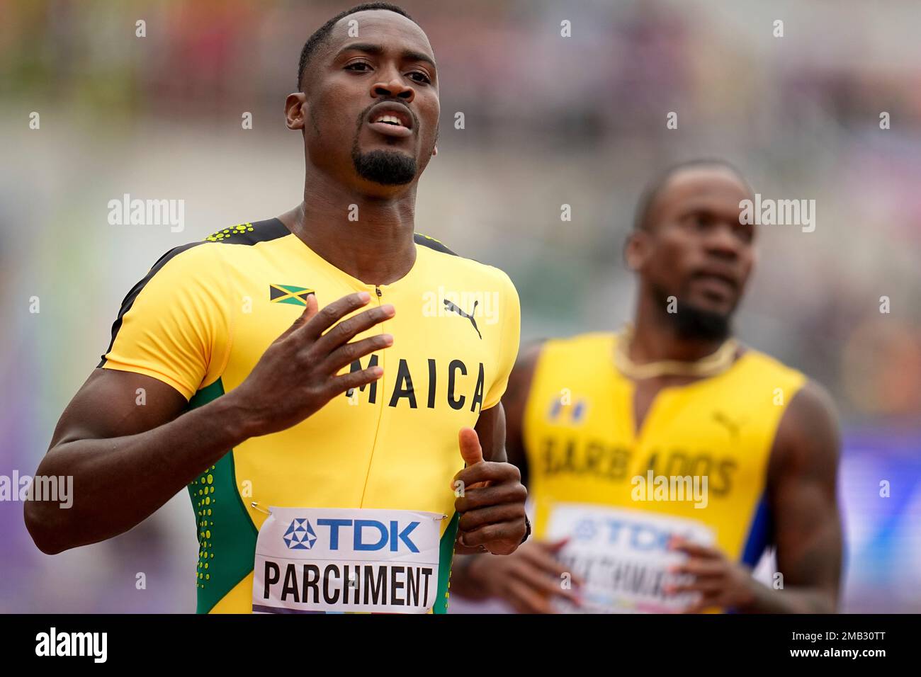 Hansle Parchment, of Jamaica, wins a heat in the mens 110meter hurdles