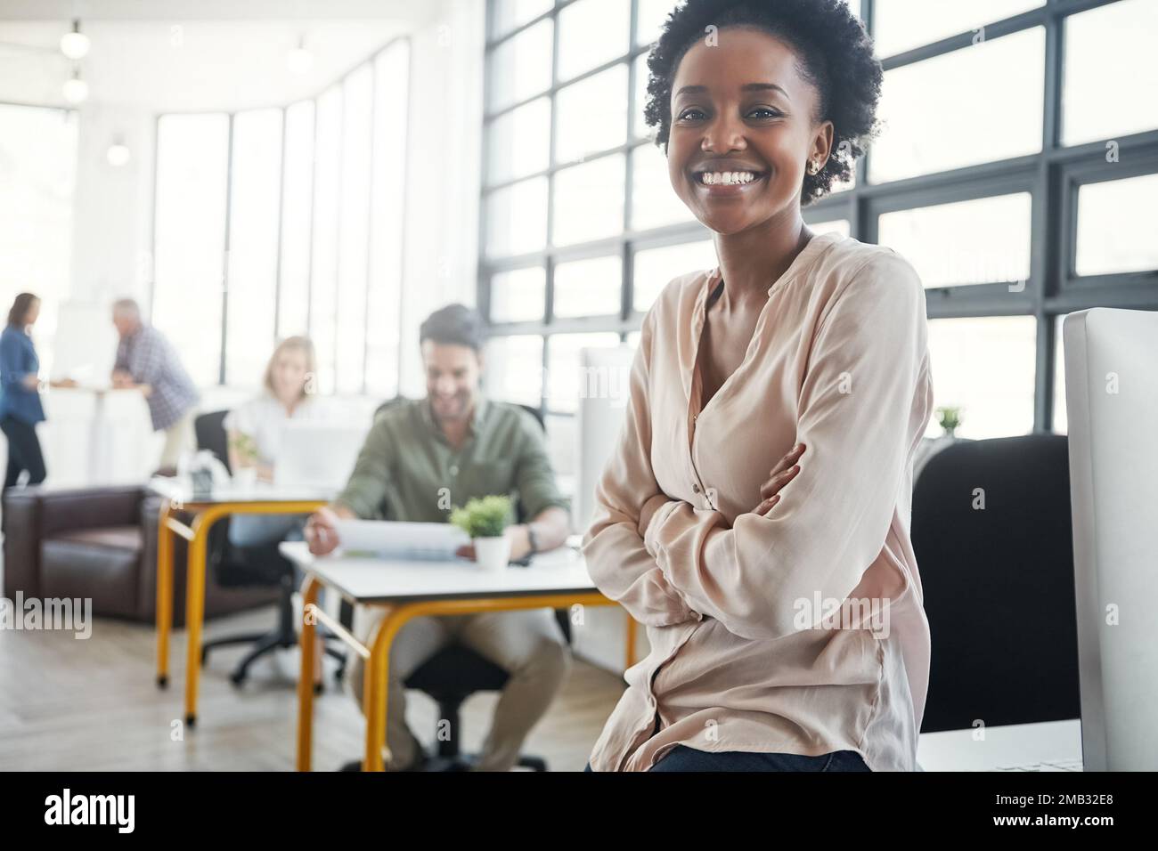 leader-black-woman-and-office-portrait-with-smile-by-business-people