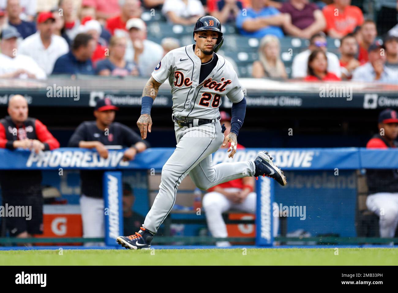 Detroit Tigers' Javier Baez scores on double by Harold Castro during the  fourth inning of a baseball game against the Cleveland Guardians Friday,  July 15, 2022, in Cleveland. (AP Photo/Ron Schwane Stock