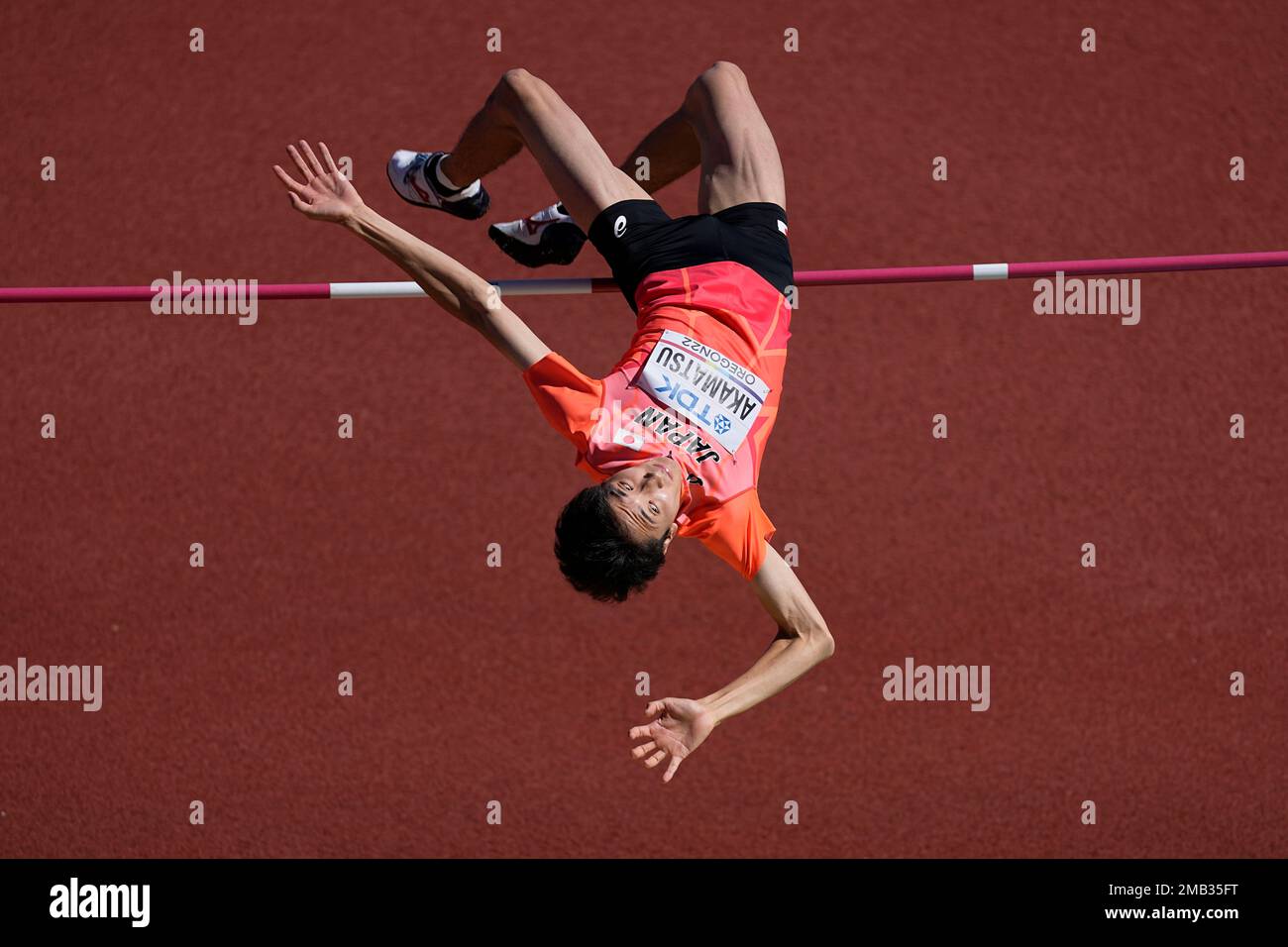 Ryoichi Akamatsu, of Japan, competes in the high jump at the World Athletics Championships